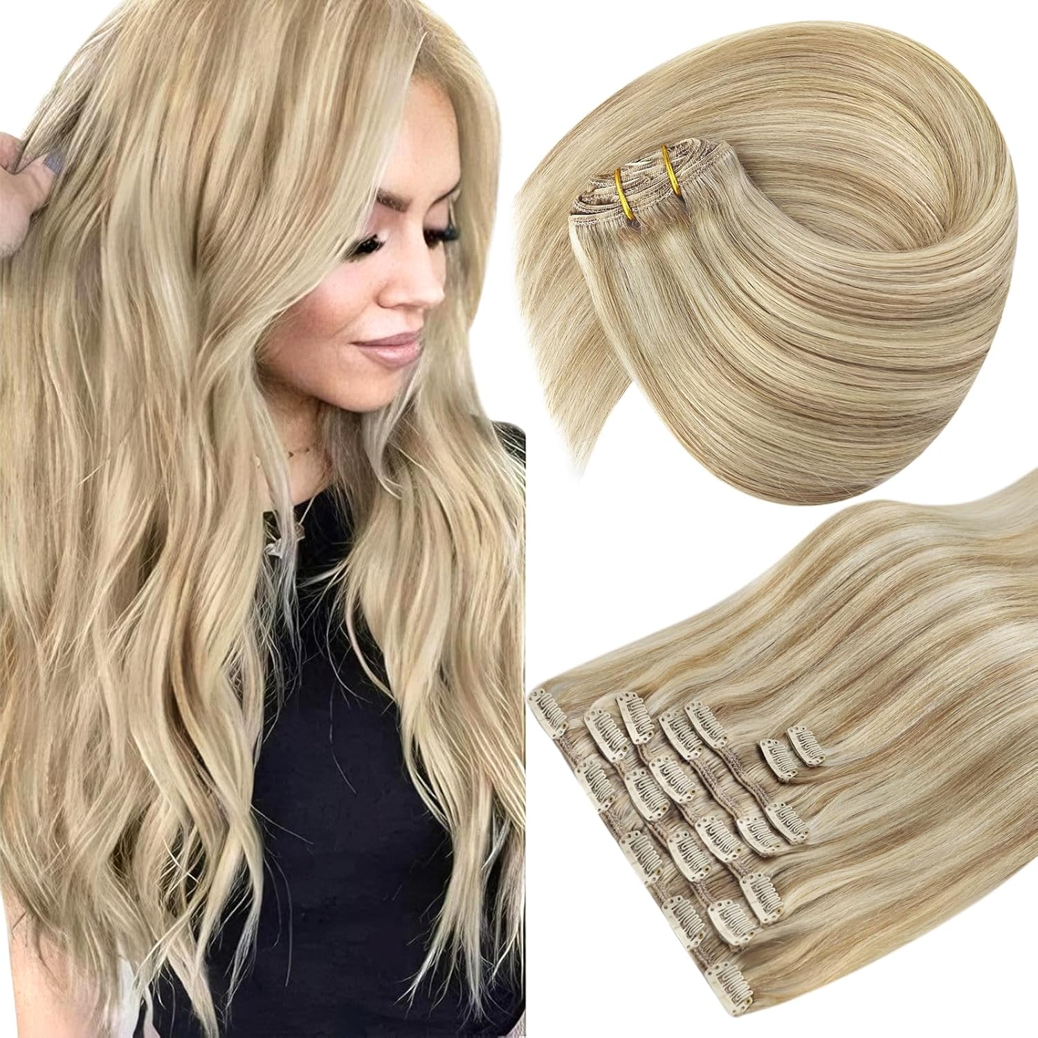 Sunny Hair Clip in Hair Extensions Real Human Hair 120g Remy Hair Clip in Extensions for Women Human Hair Extensions Dark Golden Blonde Highlights Light Blonde 16 Inch