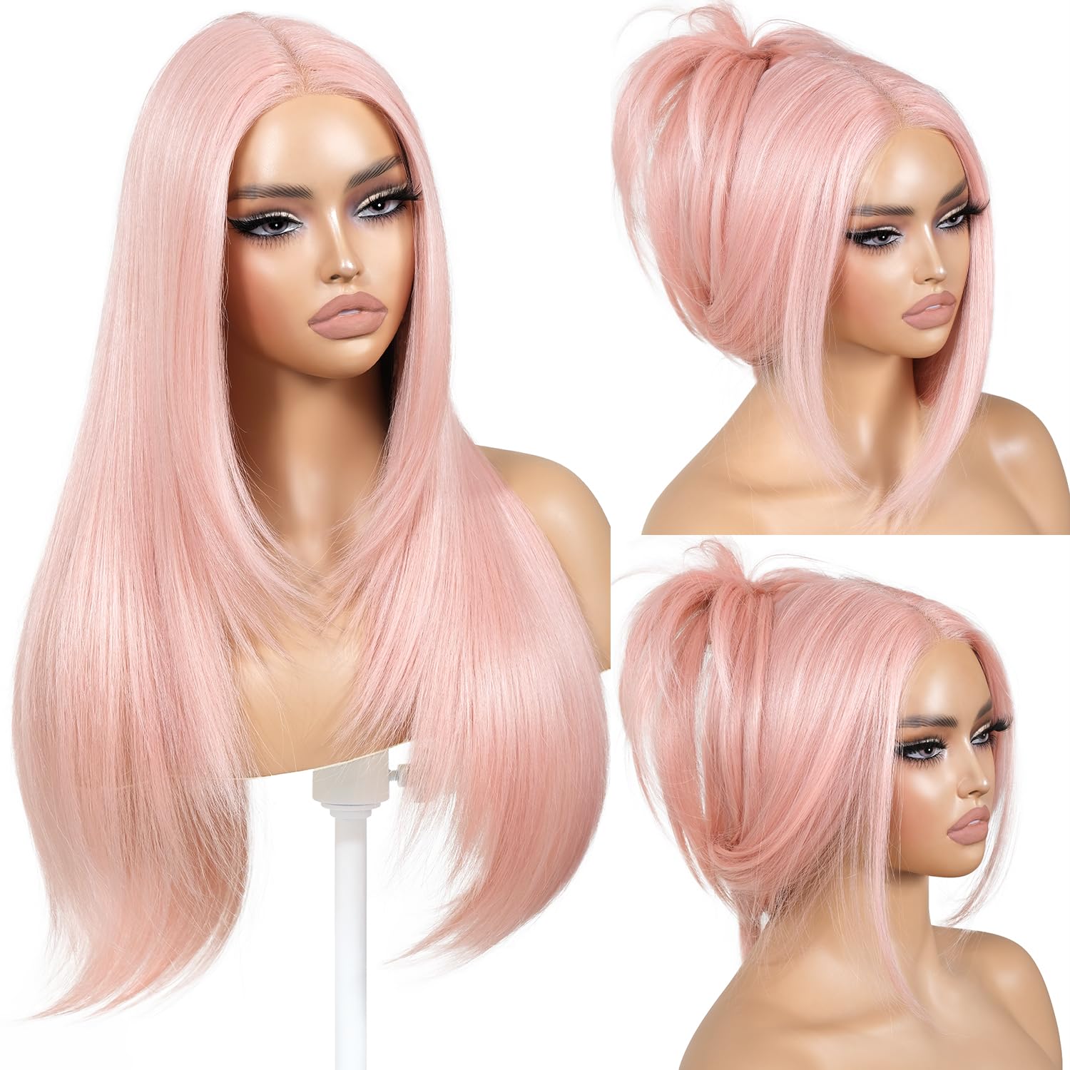 ENCOUNTERU Light Pink Wear and Go Glueless Wig with Bangs Pink Wigs for Women Layered Synthetic Lace Front Wig Pre Plucked Pre Cut Ready to Wear 13x5x1 HD Lace Middle Part 26 Inch