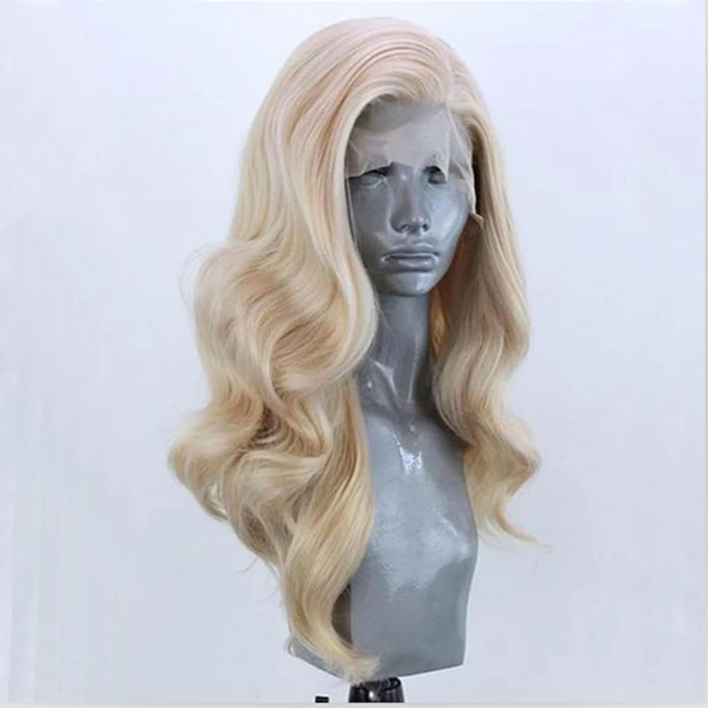 ELESTY Long Wavy Blonde Hair Synthetic Lace Front Wigs for Women Natural Hairline Heat Resistant Fiber Hair Free Part Glueless Lace Front Wigs Daily Party Lace Wigs 24Inch - Image 3