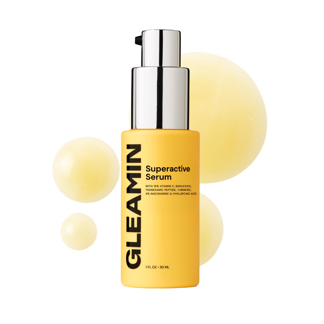 Gleamin Superactive Vitamin C Serum for Face - 15% Vitamin C with Niacinamide, Bakuchiol & Hyaluronic Acid - Brightening Facial Treatment for Uneven Tone, Dark Spots & Radiant Glow - 1 fl oz