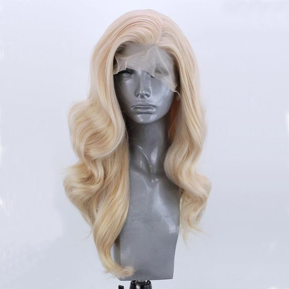 ELESTY Long Wavy Blonde Hair Synthetic Lace Front Wigs for Women Natural Hairline Heat Resistant Fiber Hair Free Part Glueless Lace Front Wigs Daily Party Lace Wigs 24Inch - Image 2