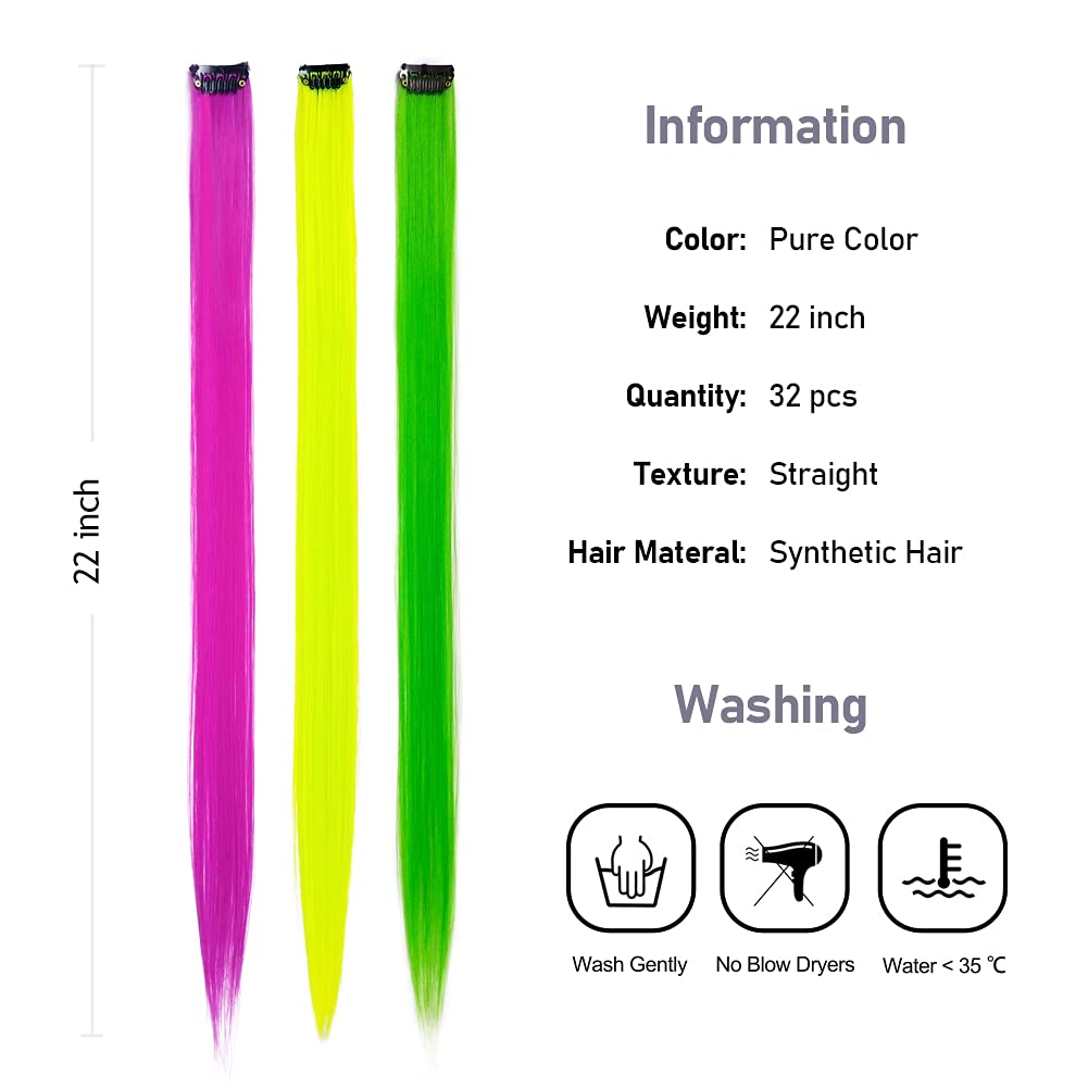 32Packs Colored Hair Extensions 20Inch Straight Color Clip in on Hair Extension Rainbow Party Highlights Synthetic Hairpiece(16 colors) - Image 3
