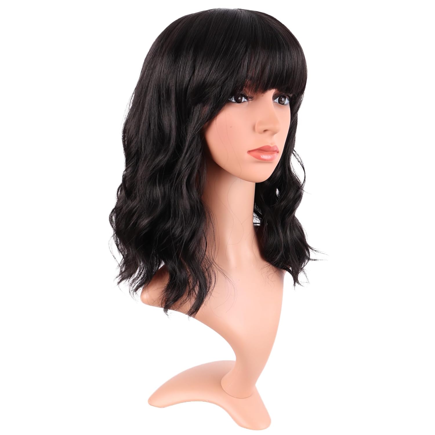 MapofBeauty 14 Inch/35 cm Short Wavy Curly Women Fresh Bright Synthetic Ordinary Flat Bangs Bob Wig (Black) - Image 2