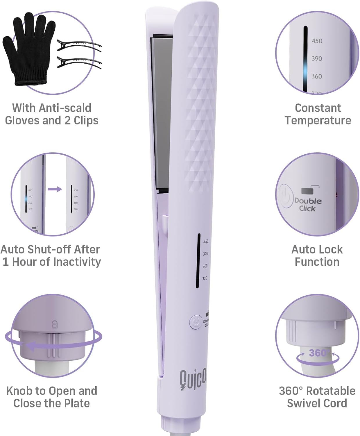 Quico Hair Straightener, 110-240V Global Travel Hair Straighteners for Women, 15s Fast Heating, Ceramic Negative Ion Flat Iron, Temp Memory, 320℉-450℉, Auto-Off, with Glove and Clips, Gift, Lilac - Image 9
