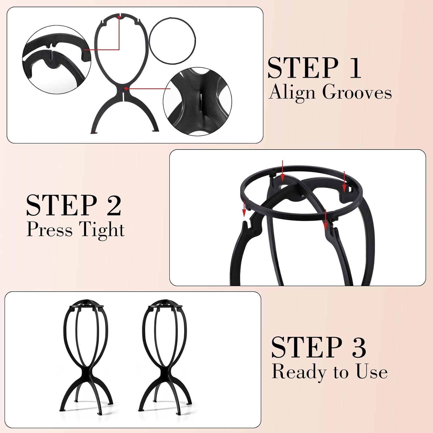 obeoby Portable Wig Stand, Upgraded Greater Stability Wig Holder for Women Multiple Wigs Travel Salon Home Use Black, 2 Pack - Image 7