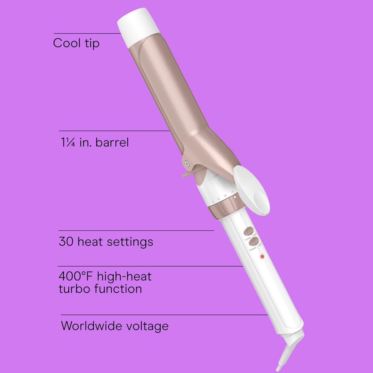 Conair Double Ceramic 1 ¼-Inch Curling Iron, 1 ¼-Inch Barrel Creates Loose Curls, Hair Curler for Use on Medium & Long Hair, White/Rose Gold - Image 2