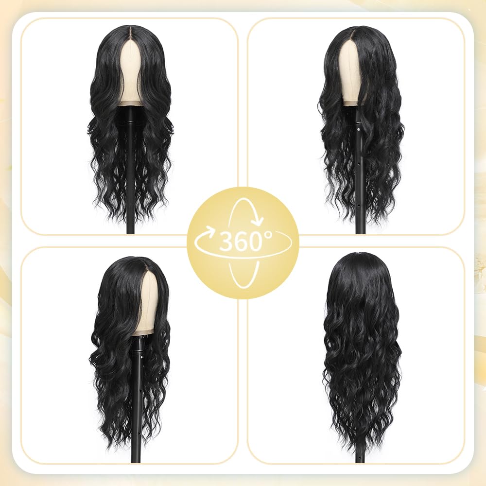 ShowCoco Black Wig for Women 26 Inch Pre Cut Hand-Tied Lace Long Wavy Natural Hairline Middle Part Hair Replacement Wigs for Women Beginners Natural Synthetic Wig for Daily Party 3 Seconds to Wear - Image 6
