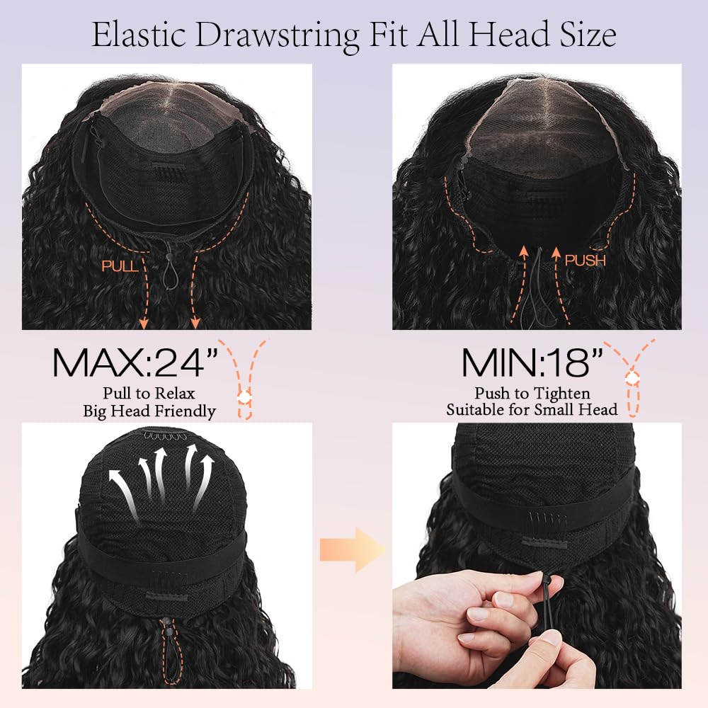 Mamushow 7x6 Water Wave Glueless Wigs Human Hair Pre Plucked Pre Cut 250% Density Lace Front Wigs Human Hair with Drawstring Wear and Go 7x6 HD Lace Closure Wig for Black Women Natural Black 20Inch - Image 8