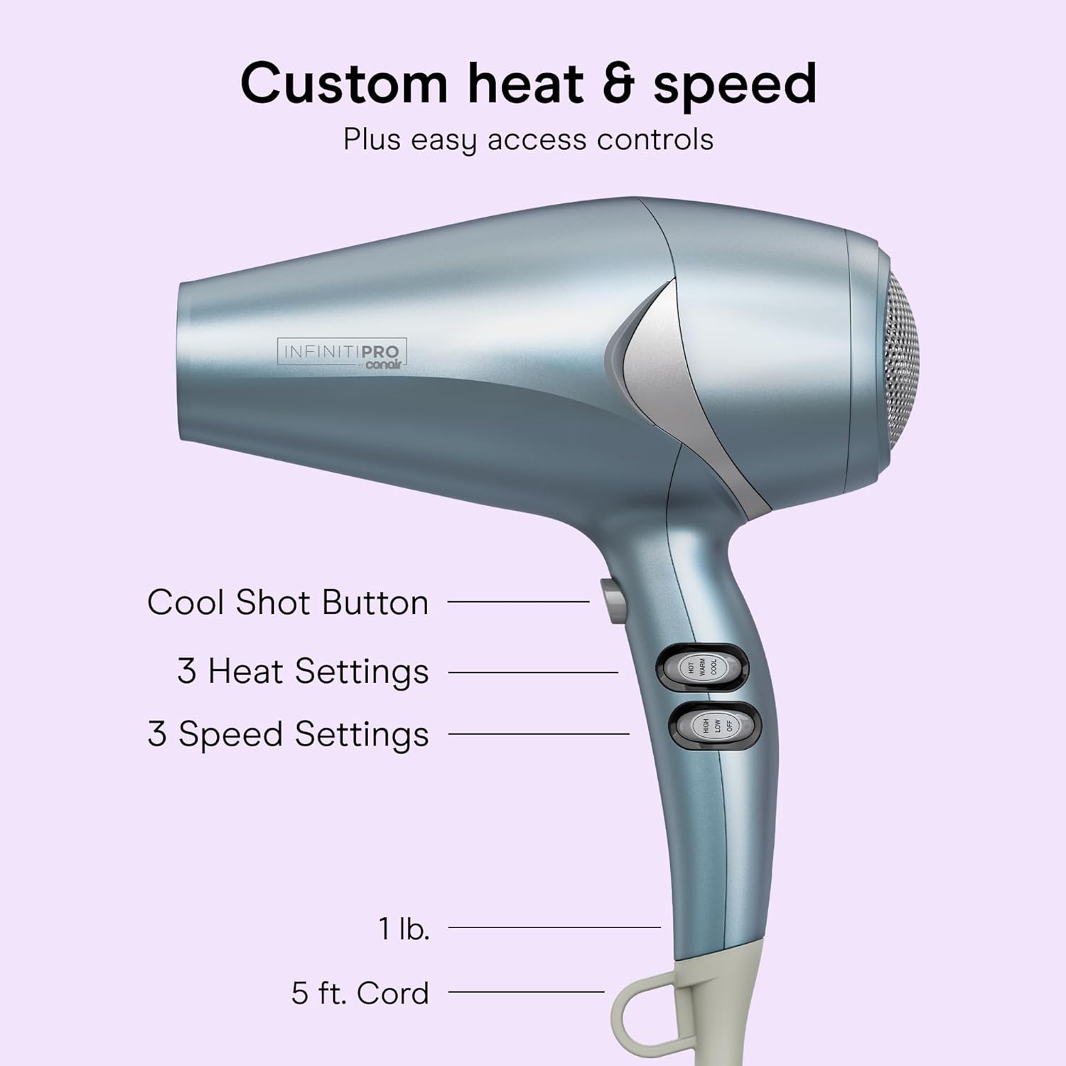 Conair InfinitiPRO Style & Shine Hair Dryer, 1 lb Ultra-Lightweight Blow Dryer with Curl-Defining Diffuser, 1875W, Blue, 527BX - Image 4