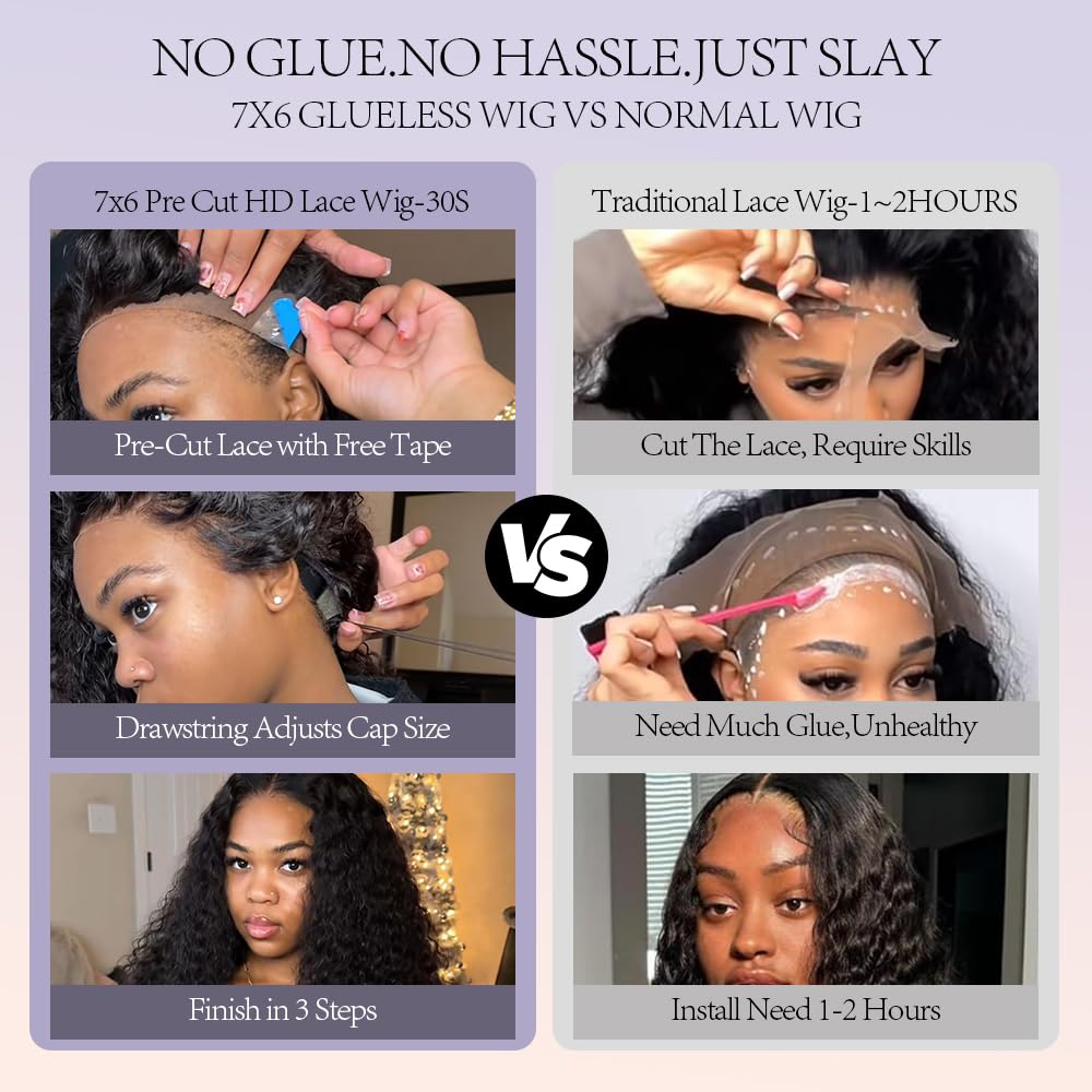 Mamushow 7x6 Water Wave Glueless Wigs Human Hair Pre Plucked Pre Cut 250% Density Lace Front Wigs Human Hair with Drawstring Wear and Go 7x6 HD Lace Closure Wig for Black Women Natural Black 20Inch - Image 4