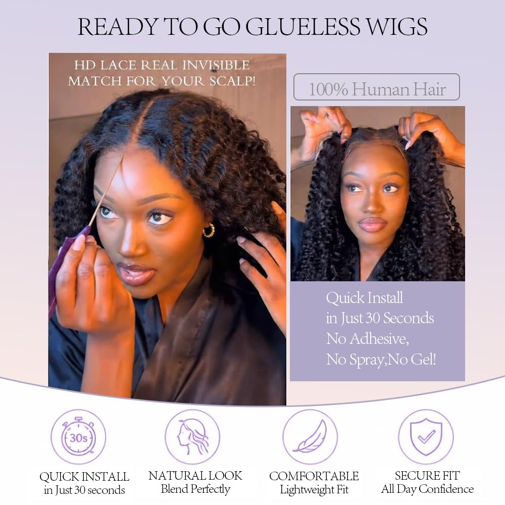 Mamushow 7x6 Water Wave Glueless Wigs Human Hair Pre Plucked Pre Cut 250% Density Lace Front Wigs Human Hair with Drawstring Wear and Go 7x6 HD Lace Closure Wig for Black Women Natural Black 20Inch - Image 2