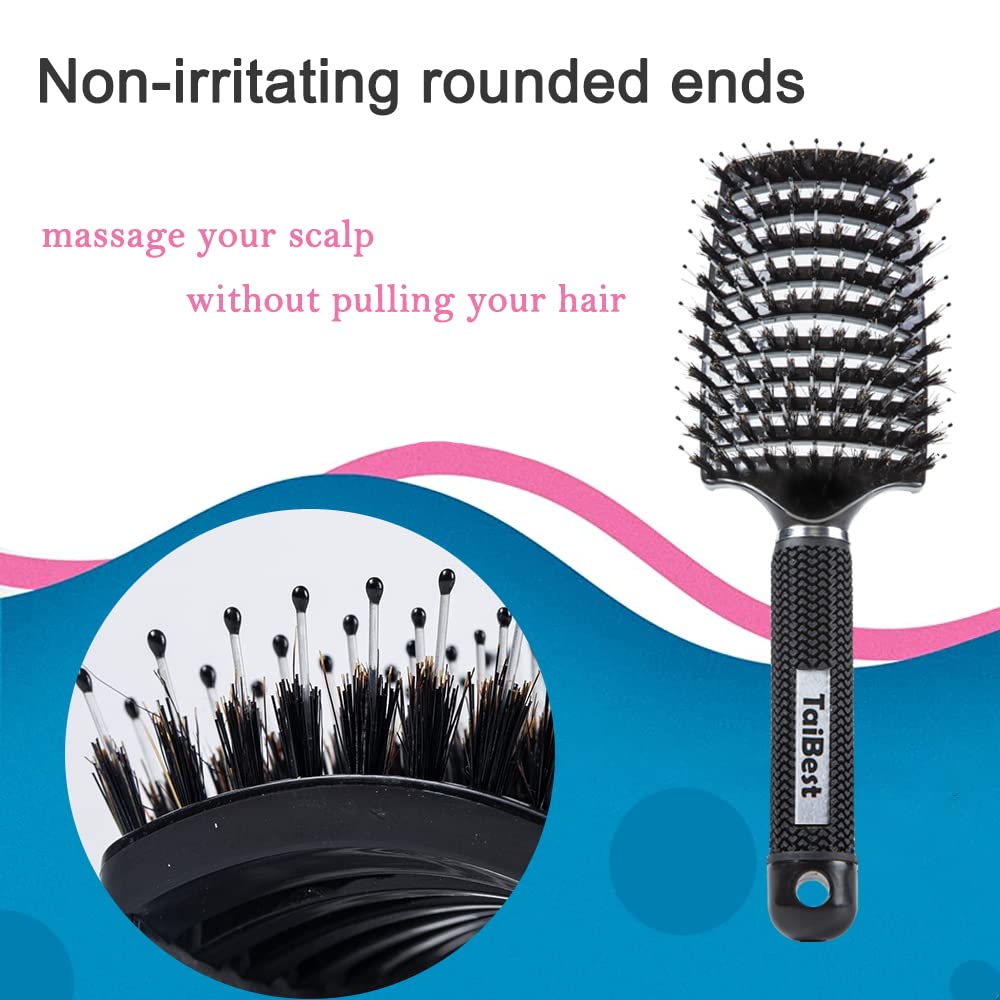 Boar Bristle Hair Brush Set - Dry/Wet Hair Brushes Detangler for Fine, Thick, Curly Hair - Curved and Vented Hair Brush for Women, Men or Kids - Image 2
