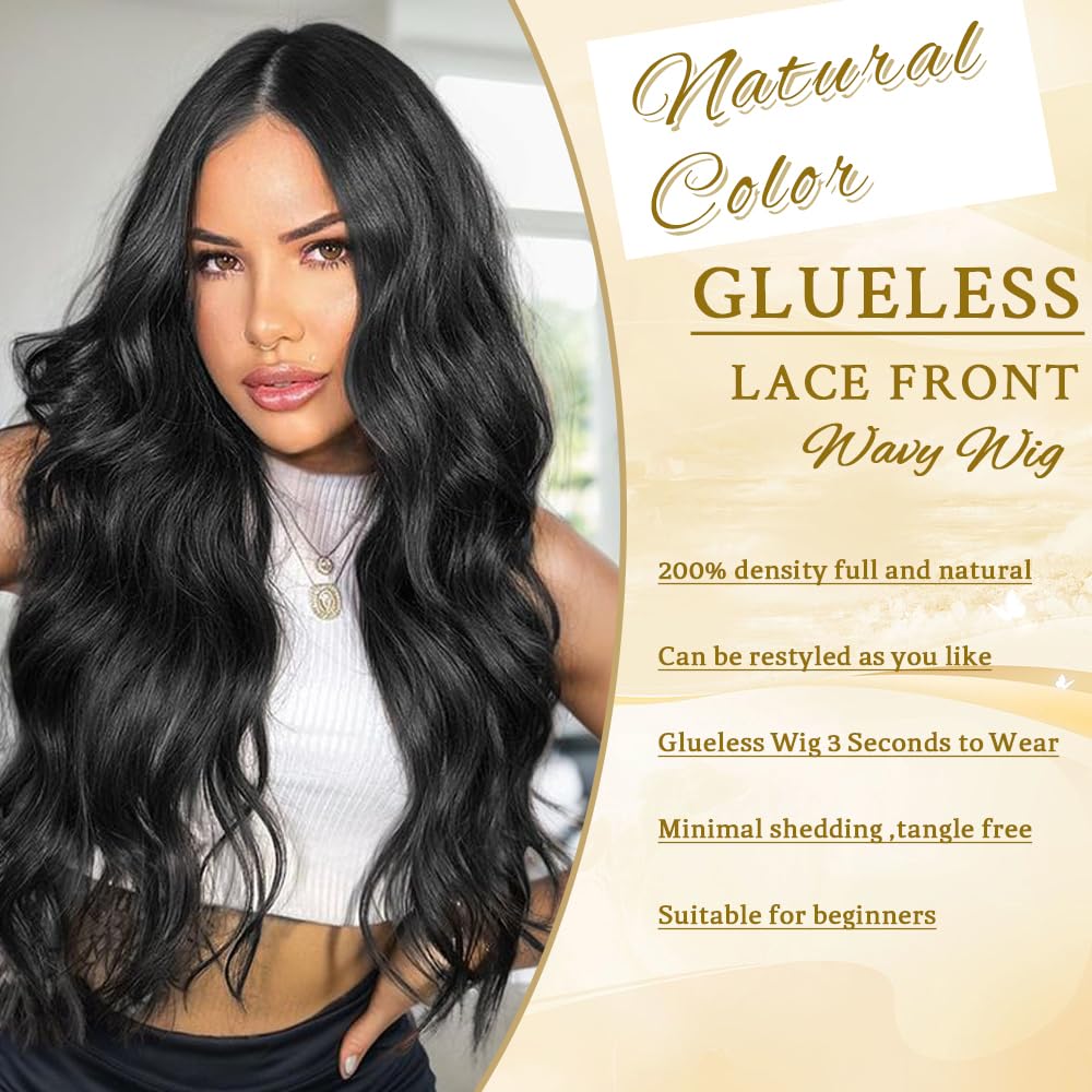 ShowCoco Black Wig for Women 26 Inch Pre Cut Hand-Tied Lace Long Wavy Natural Hairline Middle Part Hair Replacement Wigs for Women Beginners Natural Synthetic Wig for Daily Party 3 Seconds to Wear - Image 5