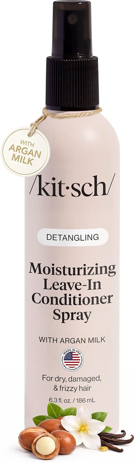 Kitsch Argan Milk Leave In Conditioner Spray – Hair Detangler Spray for Curly, Wavy, Fine, Dry & Damaged Hair - Silicone-Free | Ideal Gifts for Women - 6.3oz
