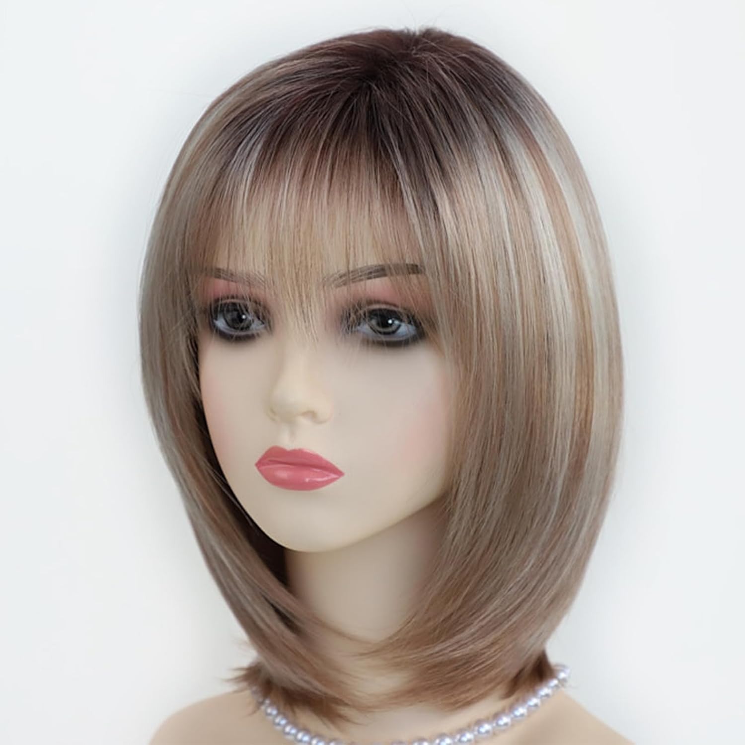 RENERSHOW Layered Blonde Bob Wigs for White Women with Bangs Straight Short Hair Wig Synthetic Ombre Blonde Highlight Bobo Haircuts 12inch Average Size Natural Daily Party Wig - Image 2