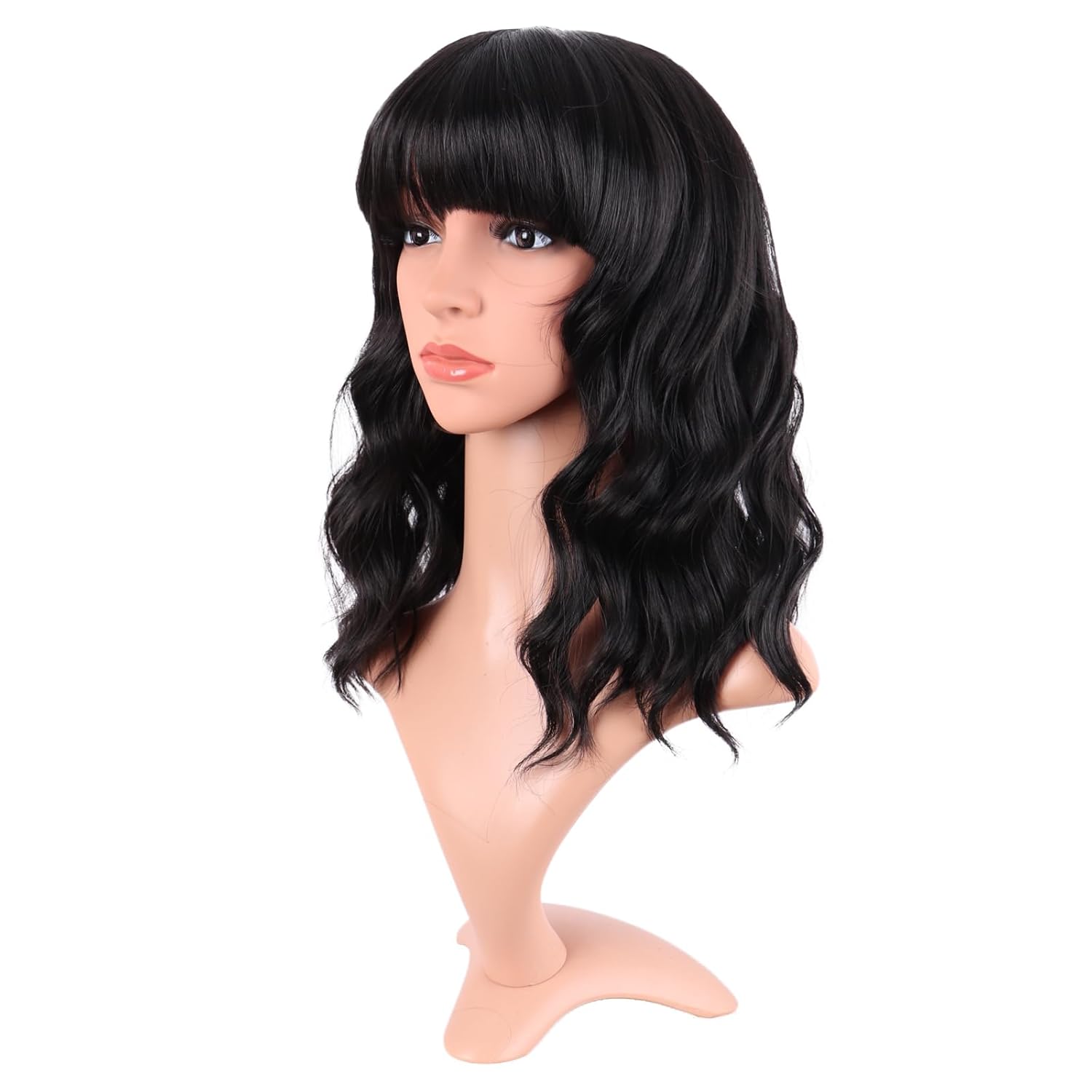 MapofBeauty 14 Inch/35 cm Short Wavy Curly Women Fresh Bright Synthetic Ordinary Flat Bangs Bob Wig (Black) - Image 3
