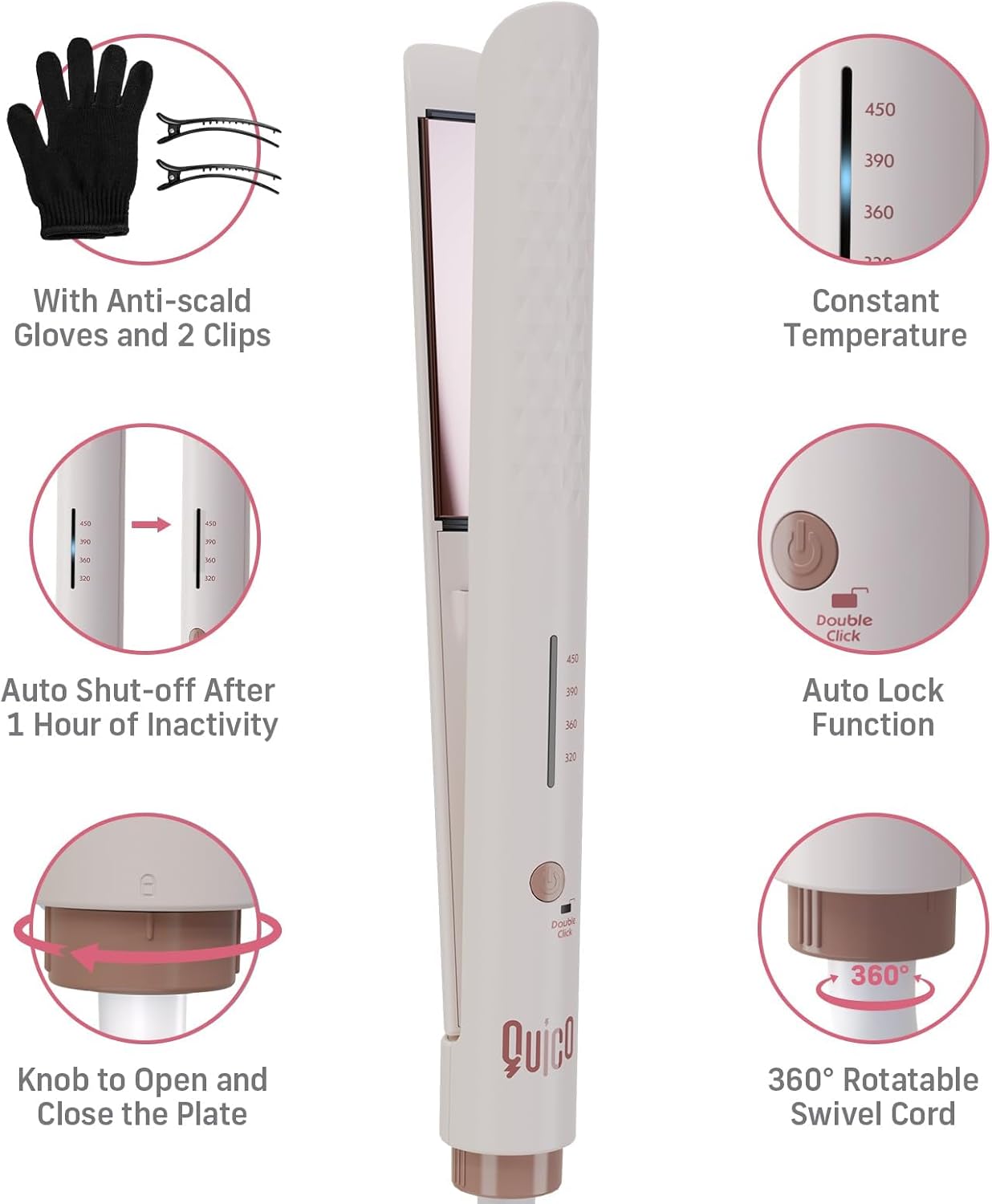 Quico Hair Straightener, 110-240V Global Travel Hair Straighteners for Women, 15s Fast Heating, Ceramic Negative Ion Flat Iron, Temp Memory, 320℉-450℉, Auto-Off, with Glove and Clips, Gift, Pink - Image 9