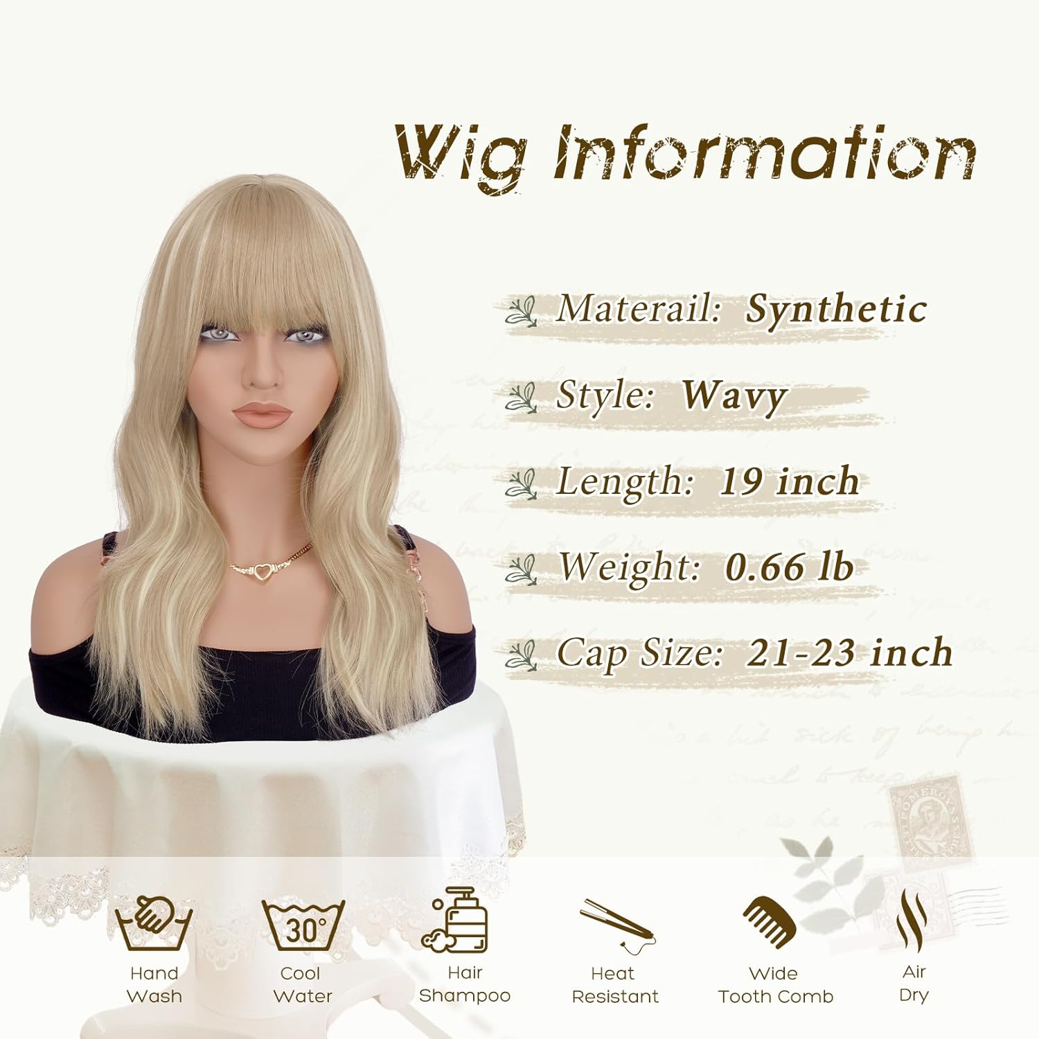 Haloo Blonde Wigs with Bangs - 19 Inch Natural Wavy Synthetic Heat Resistant Medium Length Hair Wigs for Women Daily Party, Dirty Blonde - Image 5