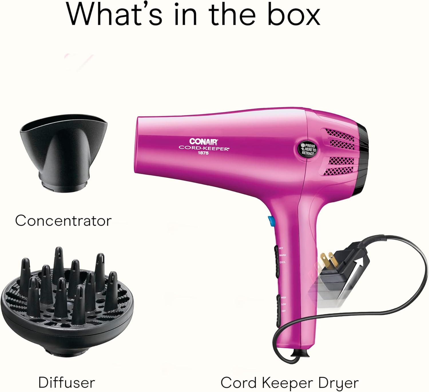 Conair Hair Dryer with Retractable Cord, 1875W Blow Dryer, 3 Heat Settings, 2 Speeds, Blow Dryer with Diffuser and Concentrator Attachments, Ionic + Tourmaline Technology, Pink - Image 8