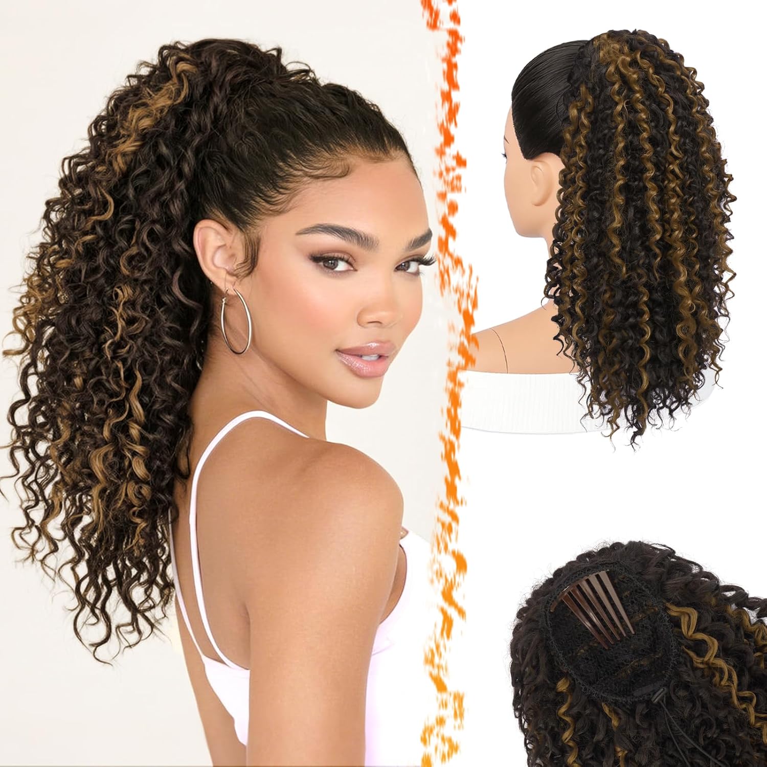 BARSDAR Ponytail Extension, Curly Drawstring Ponytail Pure Protein Fiber 18 Inch Bohemian Curly Drawstring Comb Clip in Pony Tails Hairpieces Fluffy Soft Daily Party, Black Brown with Highlights