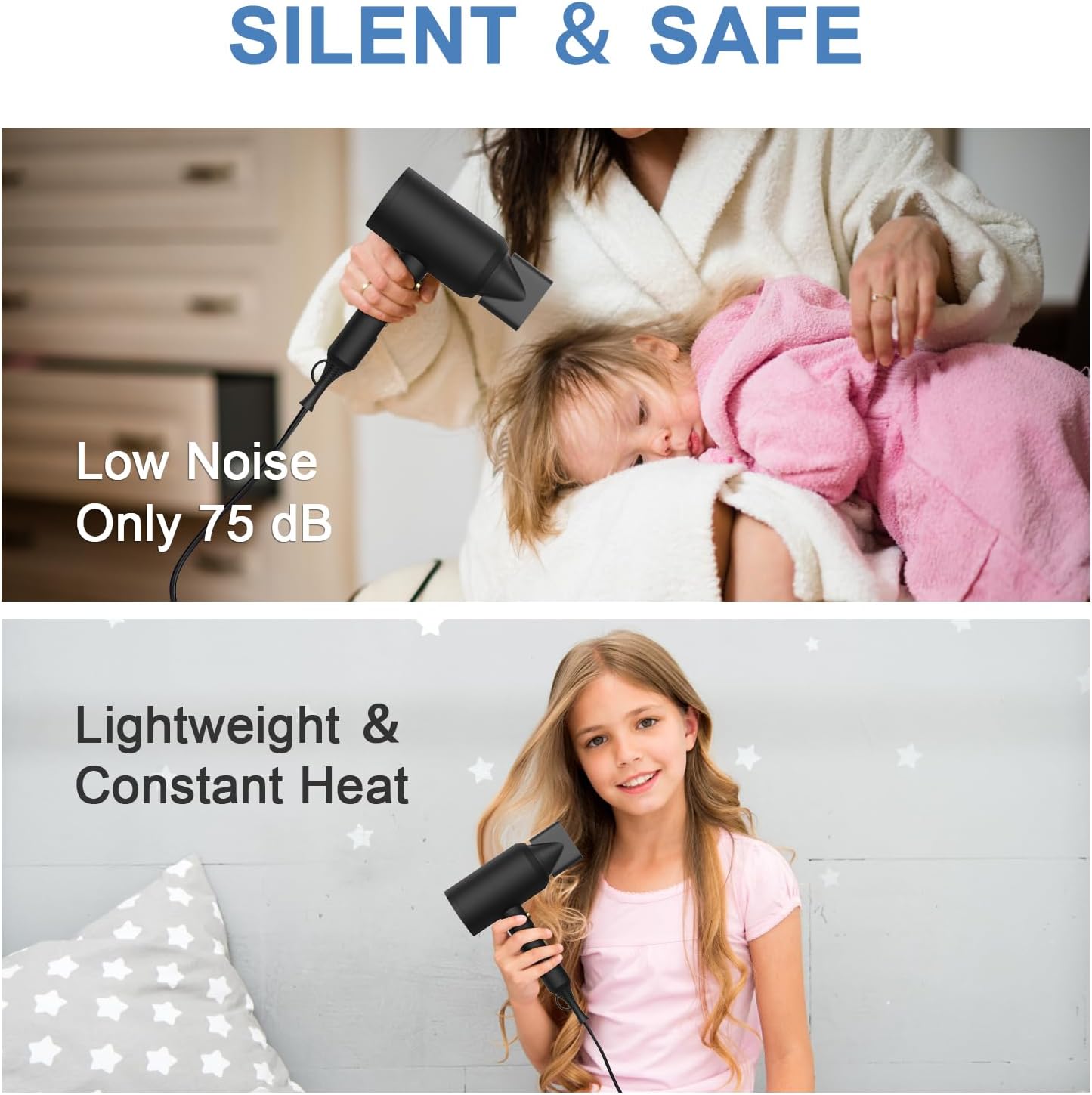 slopehill Professional Ionic Hair Dryer, Powerful 1800W Fast Drying Low Noise Blow Dryer with 2 Concentrator Nozzle 1 Diffuser Attachments for Home Salon Travel (Black) - Image 6