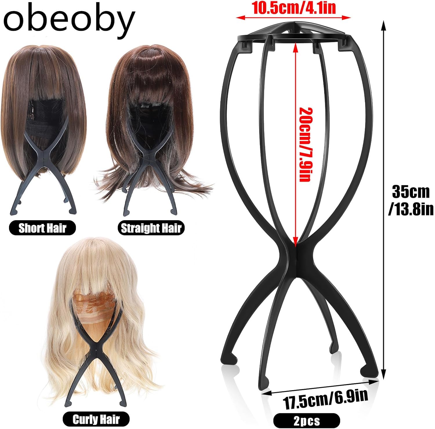 obeoby Wig Stand, Portable Wig Holder Wig Head Stand for All Wigs Travel Wig Hair Stylist Gifts for Women(black (2 pack)) - Image 2