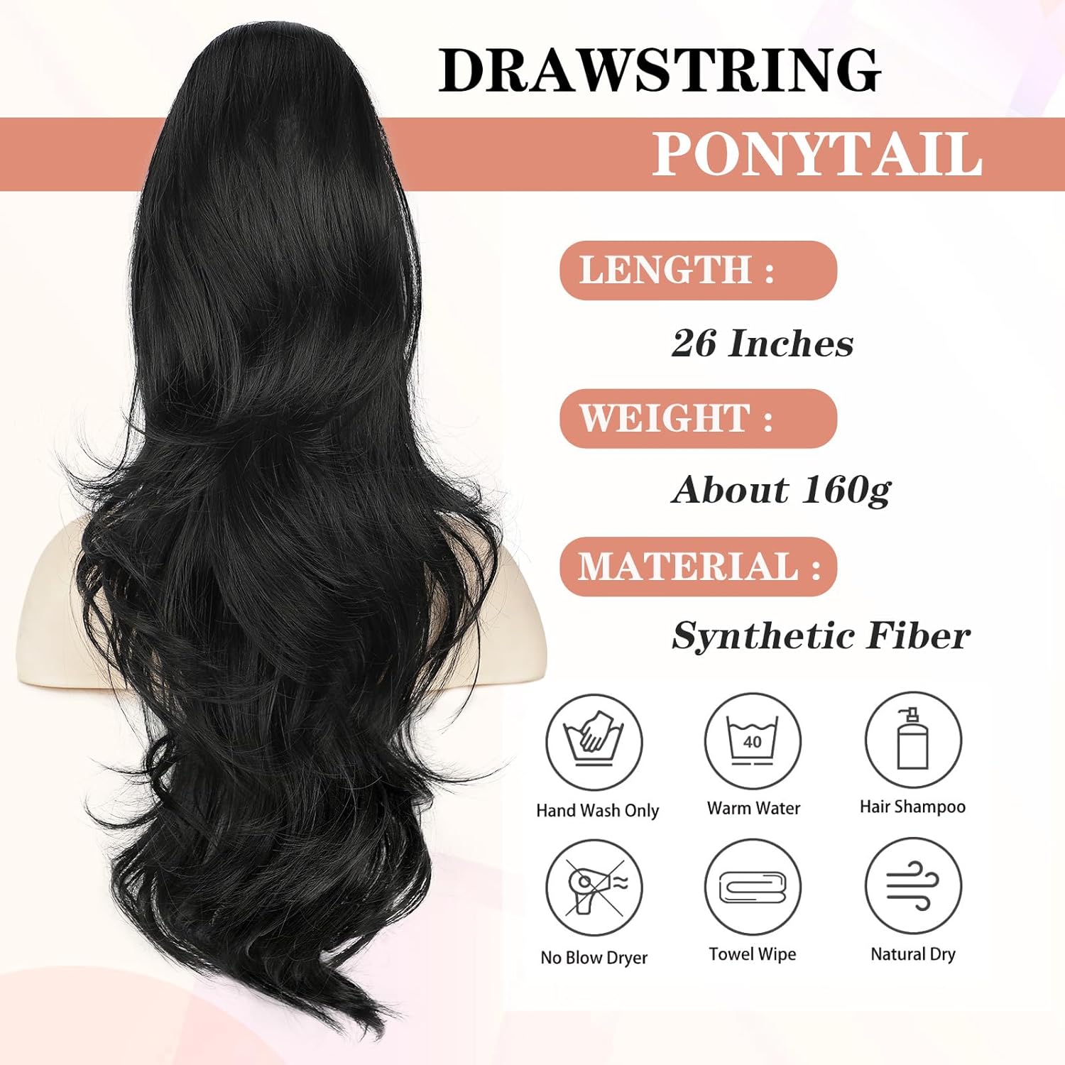 BOGSEA Ponytail Extension 26 Inch Drawstring Ponytail Extension for Women Long Wavy Hair Extensions for Daily Use(1B) - Image 2