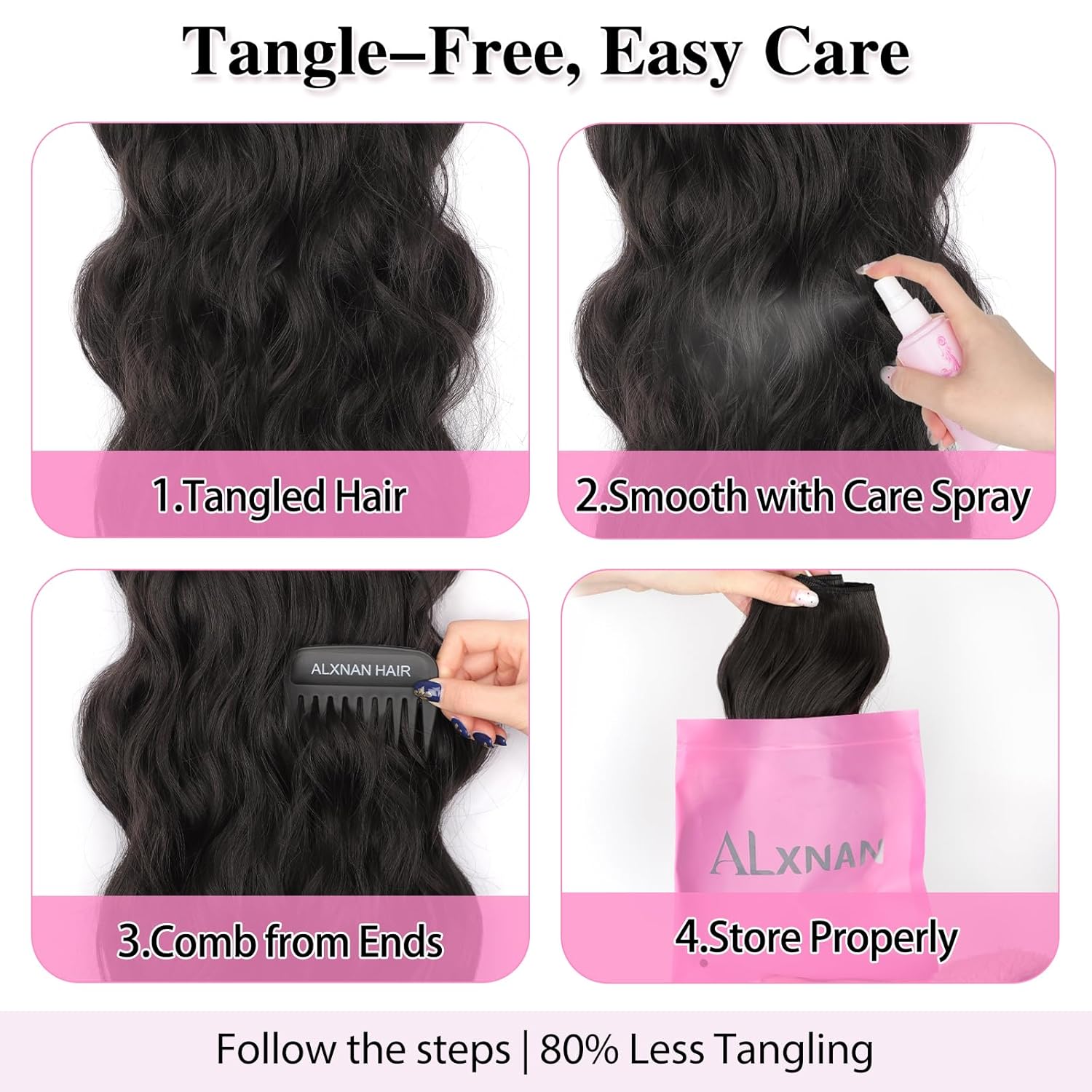 ALXNAN Clip in Long Wavy Synthetic Hair Extension 24 Inch Black Brown 4PCS Thick Hairpieces Fiber Double Weft Hair for Women - Image 9