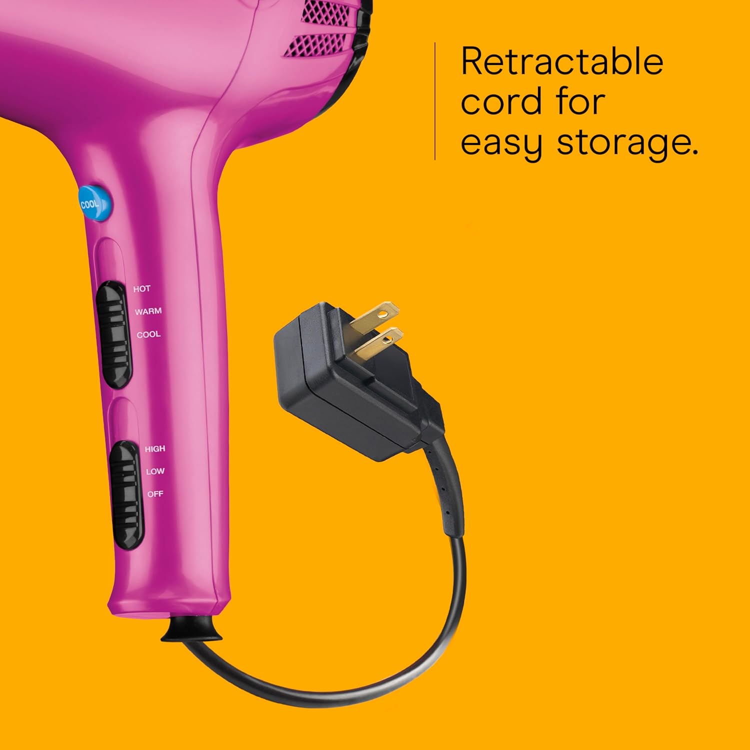 Conair Hair Dryer with Retractable Cord, 1875W Blow Dryer, 3 Heat Settings, 2 Speeds, Blow Dryer with Diffuser and Concentrator Attachments, Ionic + Tourmaline Technology, Pink - Image 6