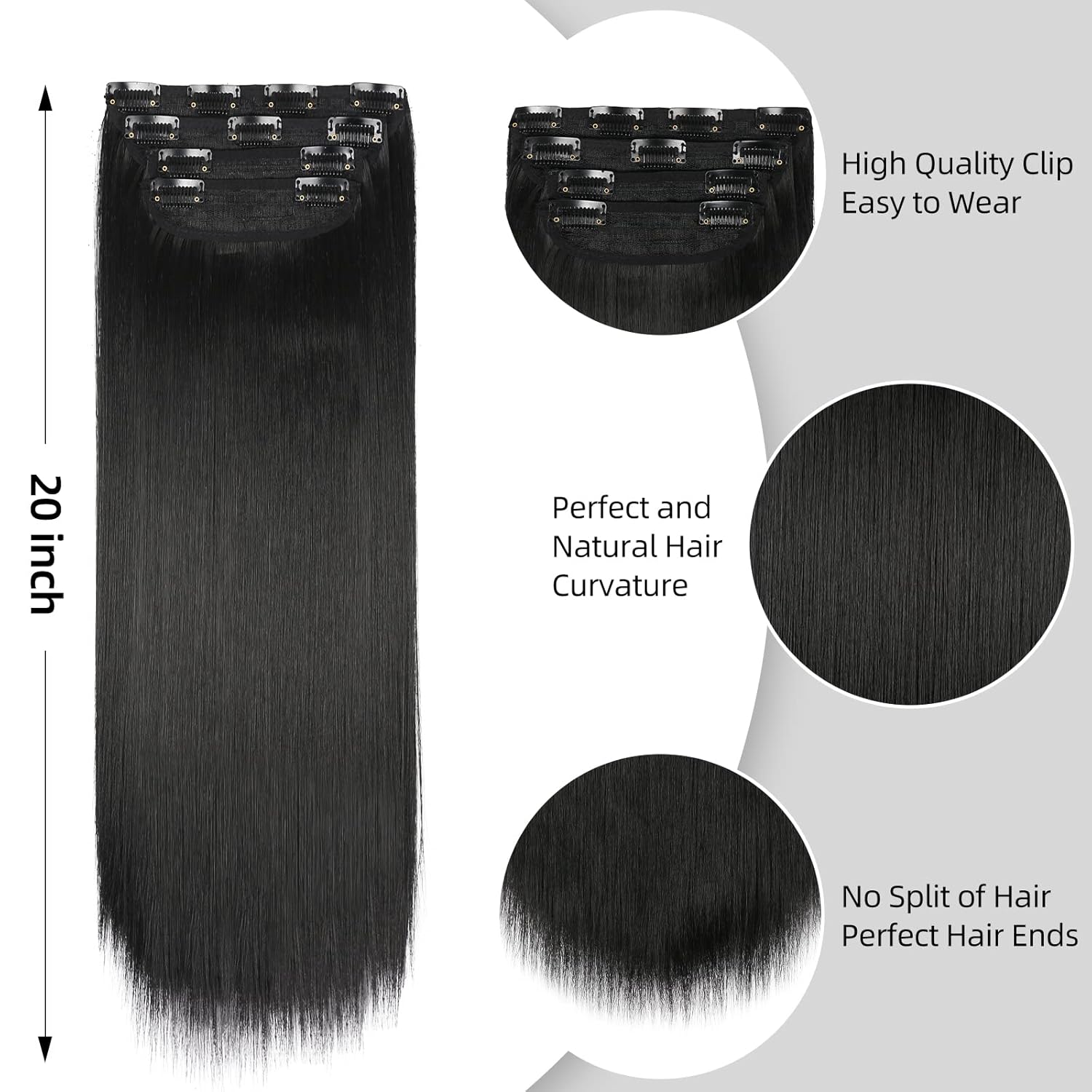 Black Hair Extensions Straight Clip in Hair Extensions Clip ins - Soft and Thick (20 Inches, 4Pcs, #1B) - Image 5
