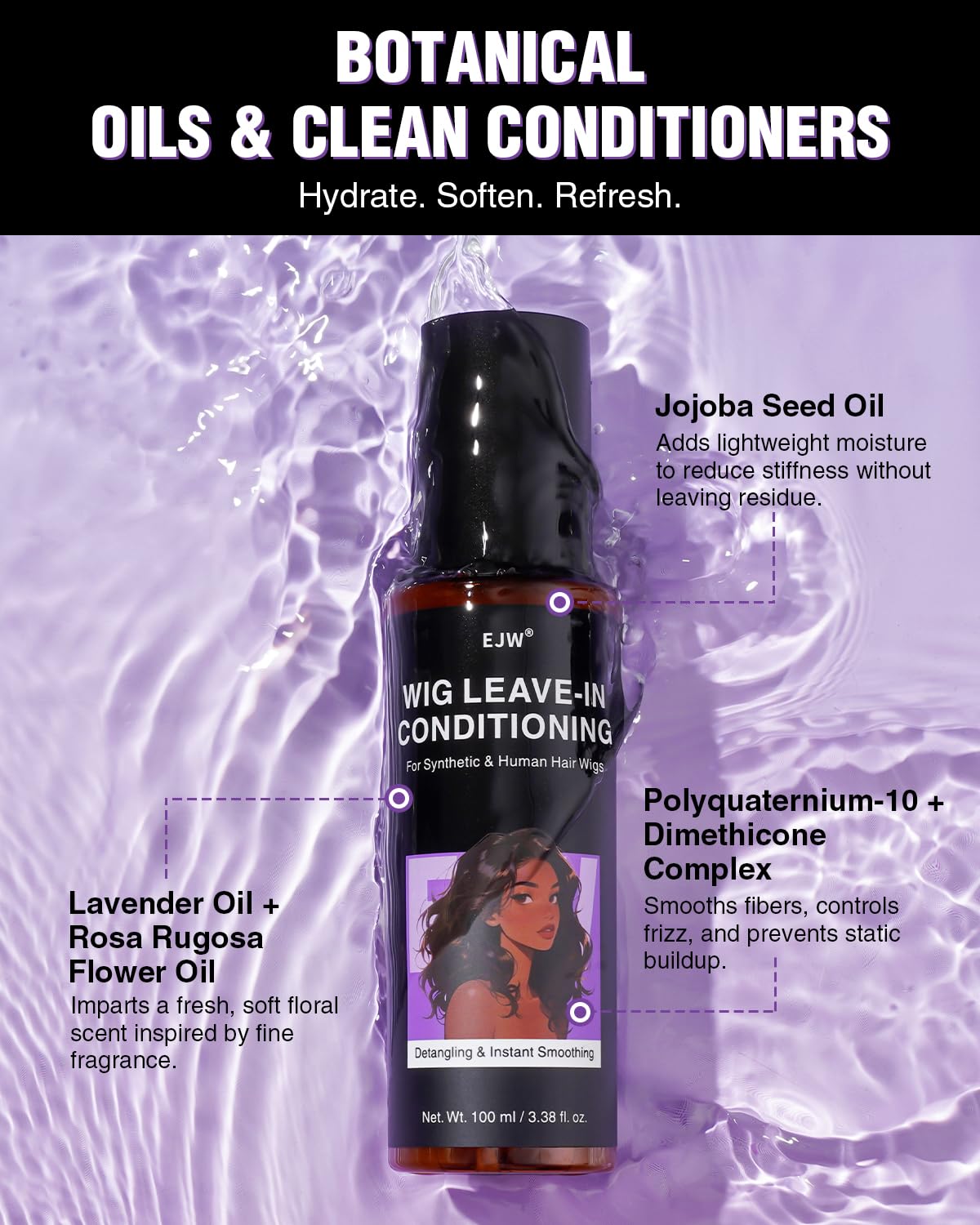 EJW Wig Leave-In Conditioner Spray – Detangles, Smooths & Refreshes – Lightweight, Non-Greasy Formula for Daily Use – For Synthetic & Human Hair – 3.38 fl. oz - Image 4