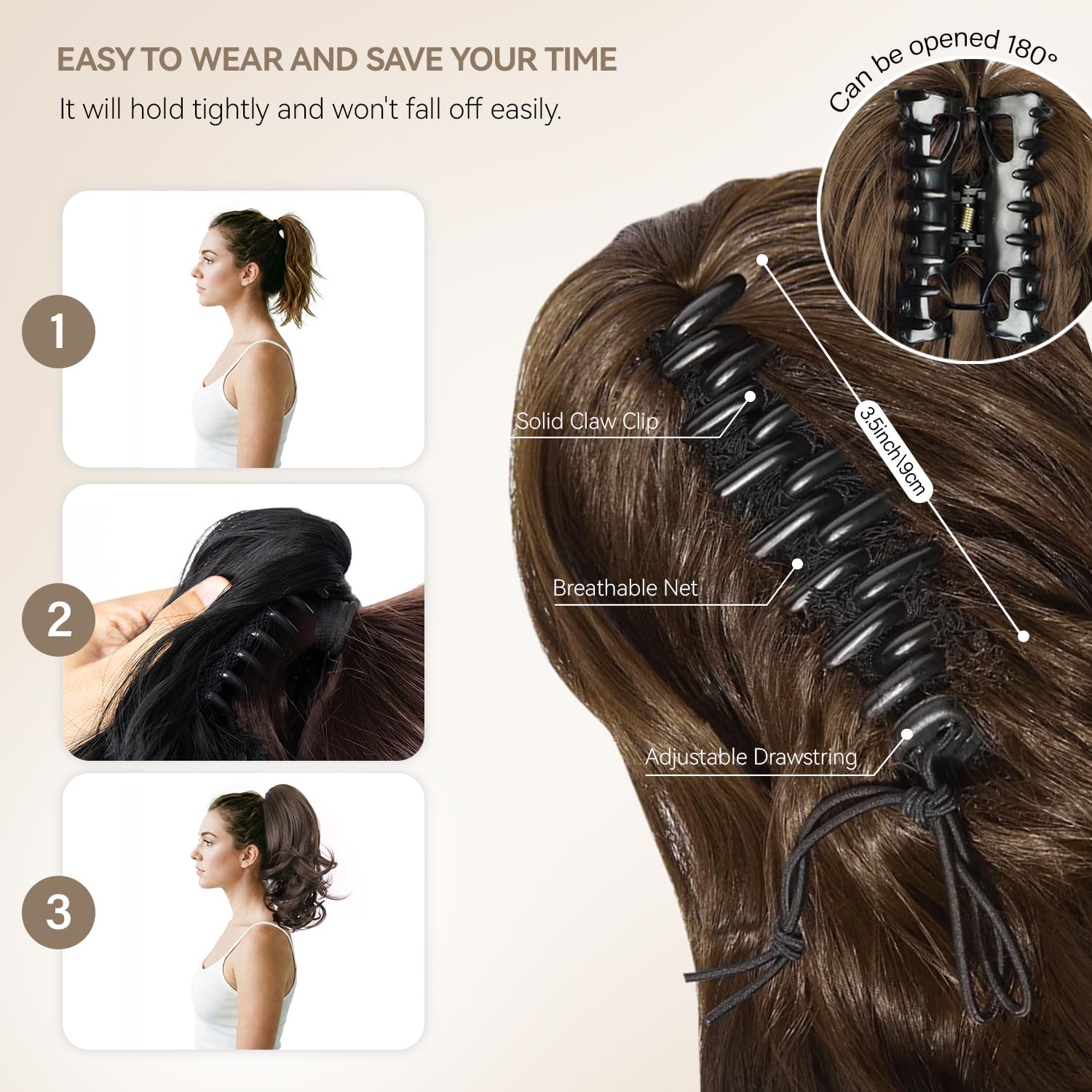 14 Inch Ponytail Extension - Wavy Pony Tails Hair Extensions, Claw Clip Ponytail Extension, Synthetic Hair Extensions Ponytail, Clip on Ponytails for Women (Light Brown With Beige Highlights) - Image 4