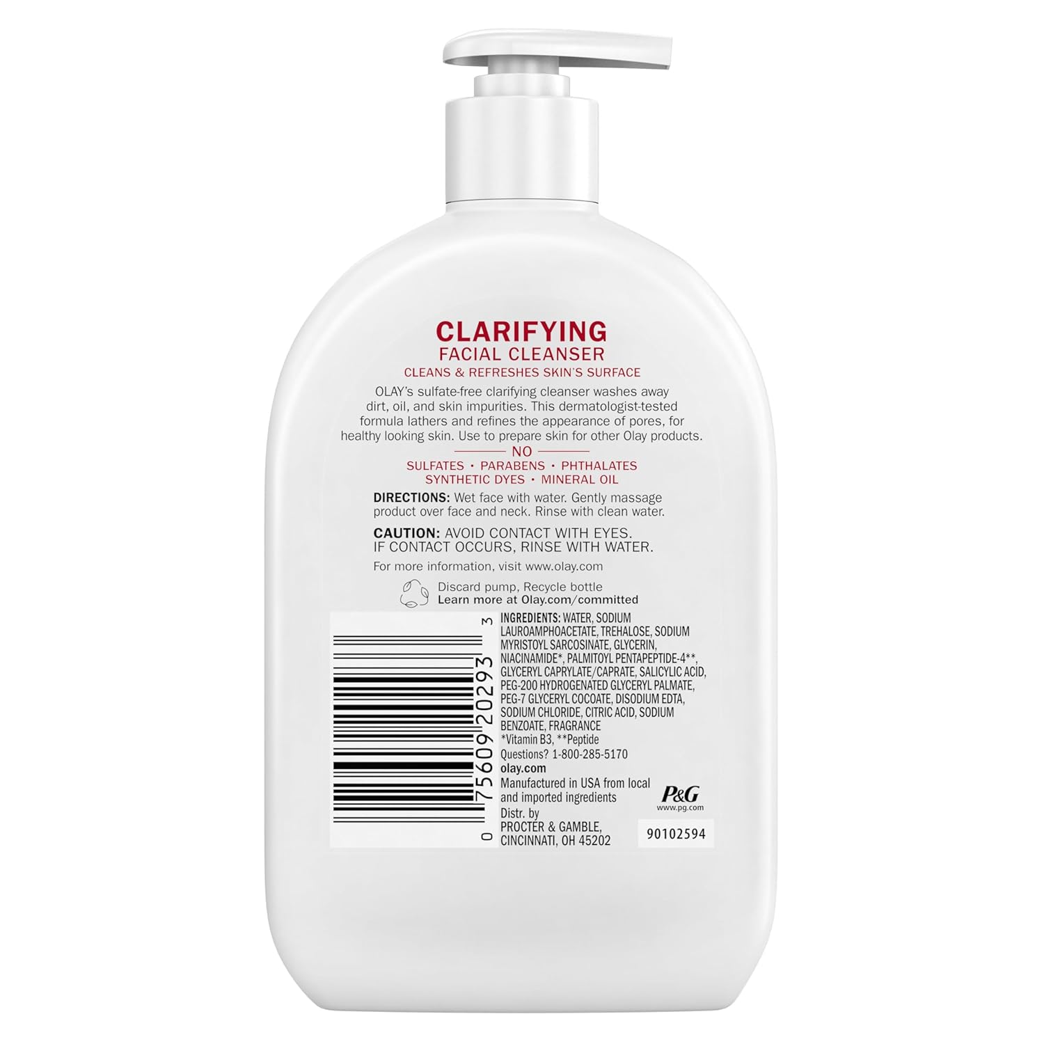 Olay Face Wash, Daily Facial Cleanser with Niacinamide, Peptides & Glycerin - Clarifying, Refreshes Skin Surface, Refines Appearance of Pores - Sulfate-Free, Paraben-Free, Oil-Free, 16 Oz - Image 8