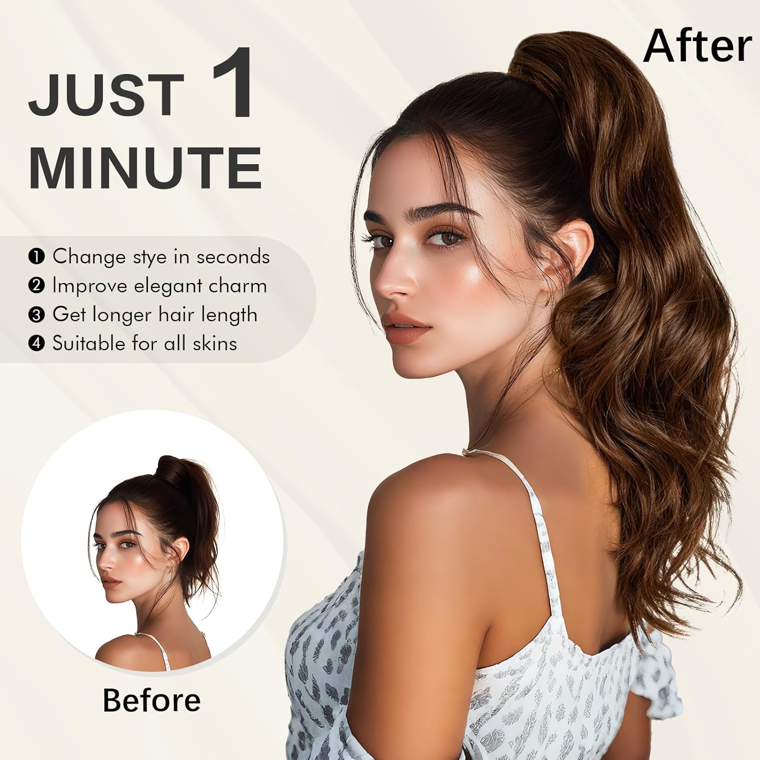 SOFEIYAN Claw Clip Ponytail Extension 16 inch Curly Wavy Clip in Hairpiece Fluffy Synthetic Fake Pony Tail Clip on Hair Extensions for Women Daily Use - Chestnut Brown Tipped with Light Auburn - Image 3