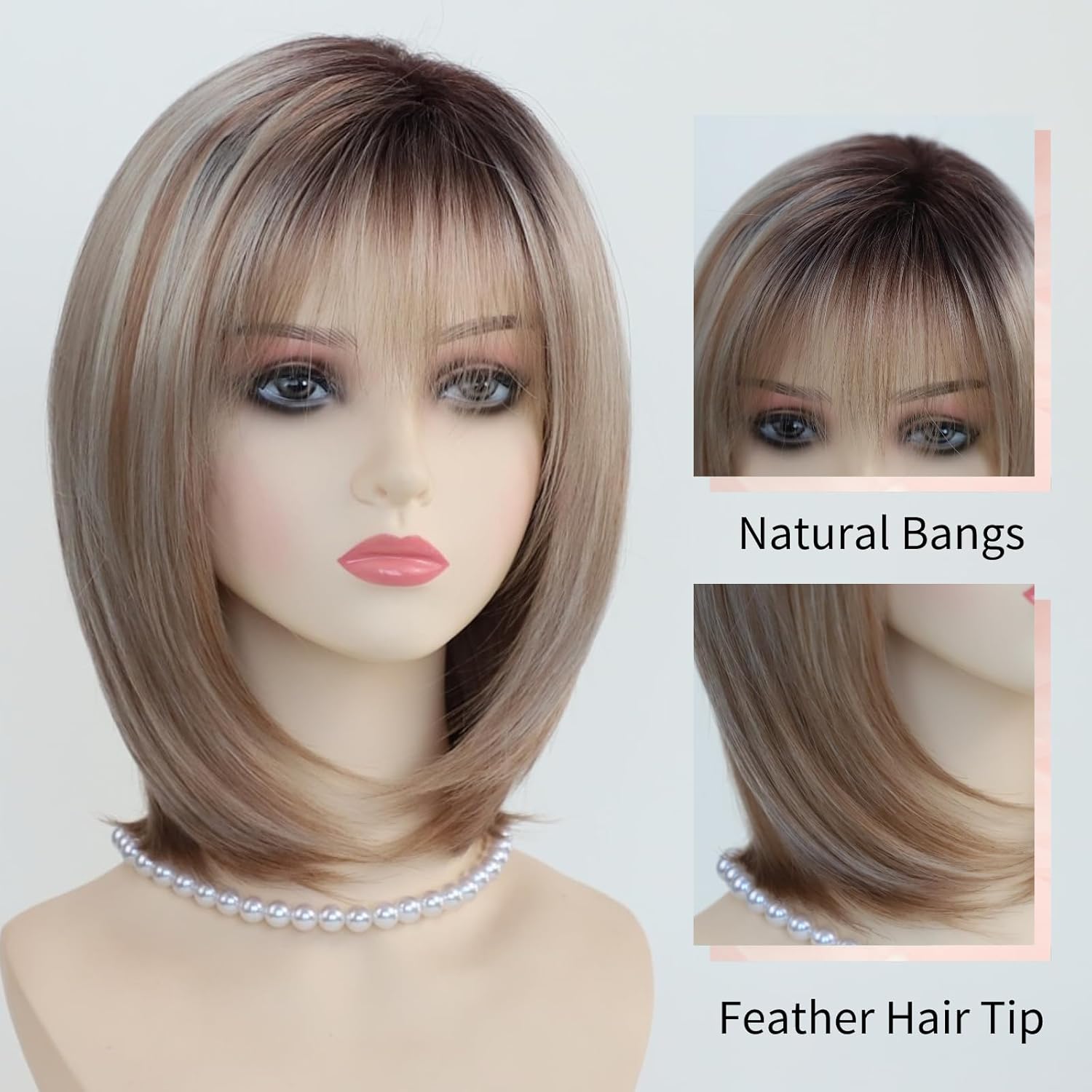 RENERSHOW Layered Blonde Bob Wigs for White Women with Bangs Straight Short Hair Wig Synthetic Ombre Blonde Highlight Bobo Haircuts 12inch Average Size Natural Daily Party Wig - Image 4