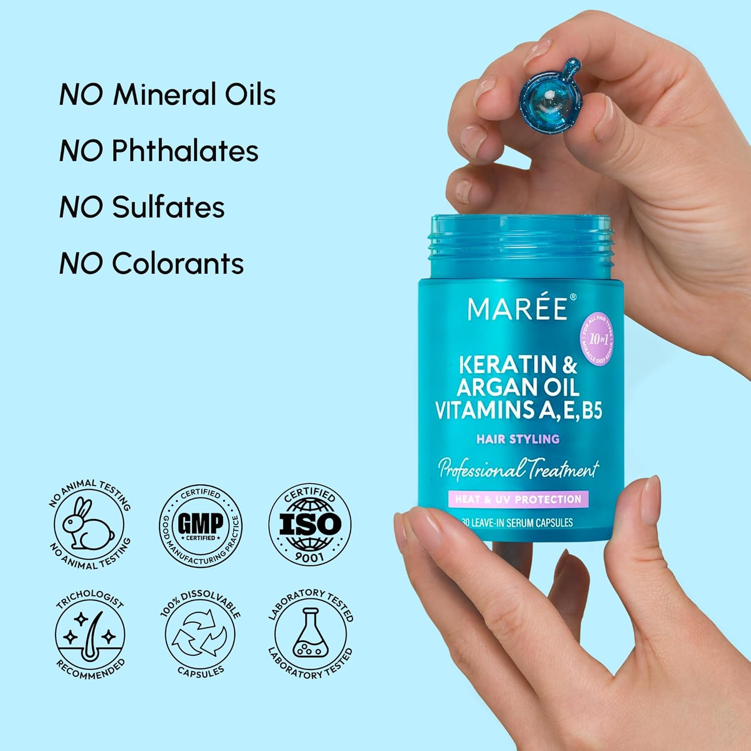 MAREE Hair Serum for Frizzy Dry Hair – Styling Capsules with Keratin, Argan Oil, Vitamins A E B5 – UV & Heat Protectant Frizz Control Serum for Women – Aceite Para el Cabello Treatment | for Frizzy - Image 11