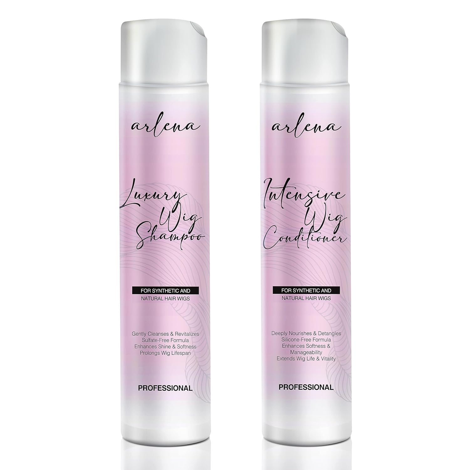 Arlena Luxury Wig Shampoo and Conditioner Set for Synthetic and Natural Hair Wigs - Made in USA, Sulfate-Free, Enhances Shine & Softness, Prolongs Wig Lifespan, Deeply Nourishes & Detangles, Clear