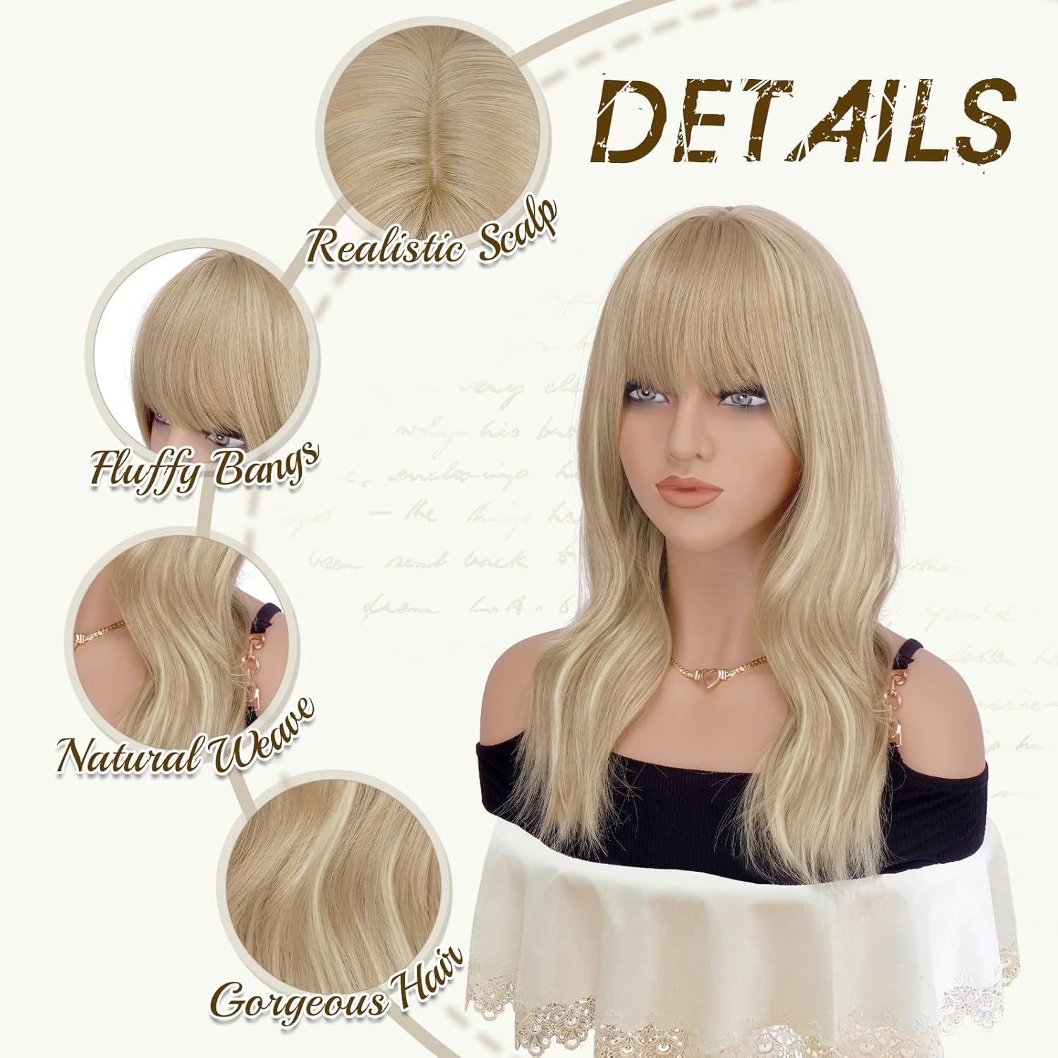 Haloo Blonde Wigs with Bangs - 19 Inch Natural Wavy Synthetic Heat Resistant Medium Length Hair Wigs for Women Daily Party, Dirty Blonde - Image 3