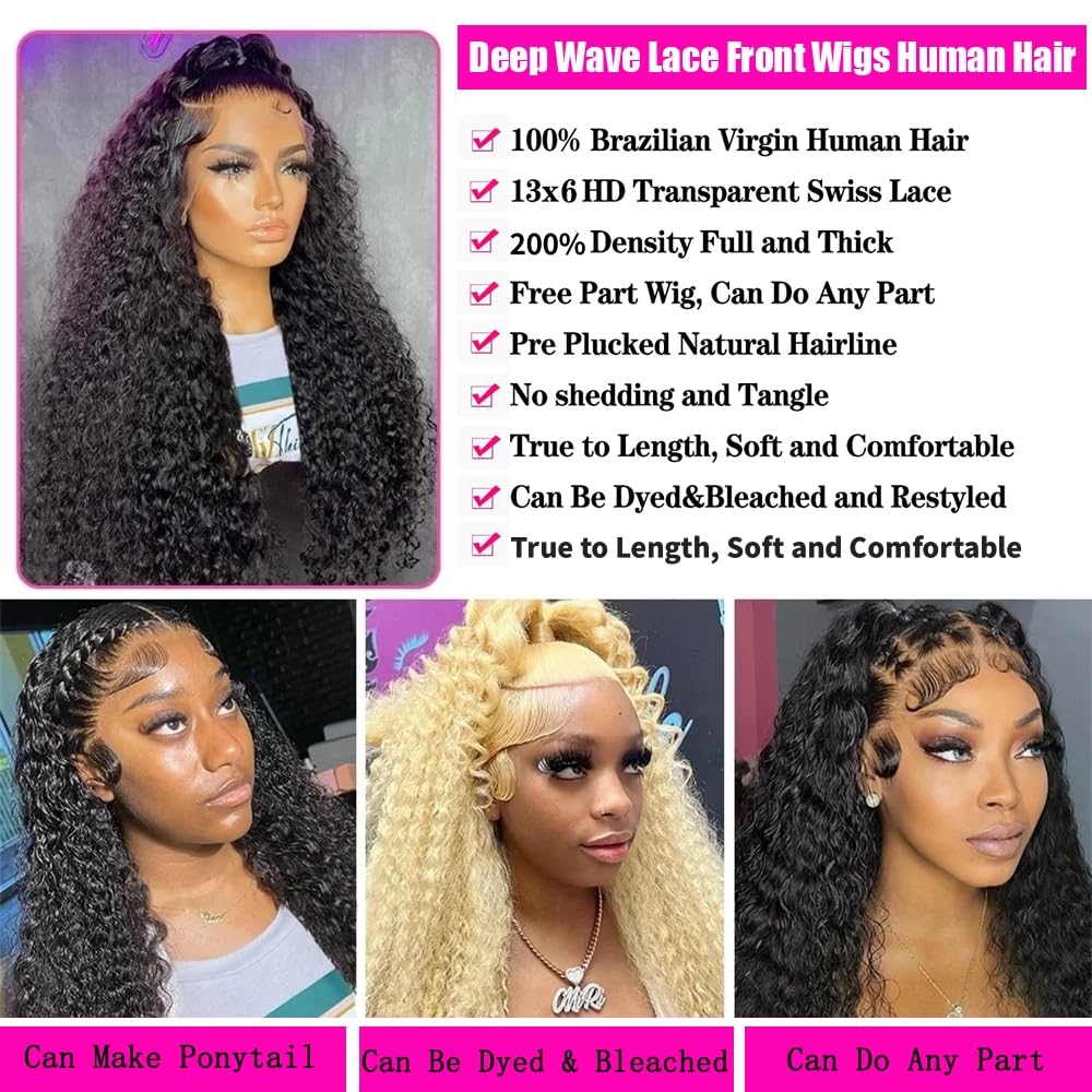 JTMMP 13x6 Deep Wave Lace Front Wigs Human Hair 200% Density 26 Inch Curly Human Hair Wig for Women Natural Black HD Transparent Lace Glueless Frontal Wigs Human Hair Pre Plucked - Image 2
