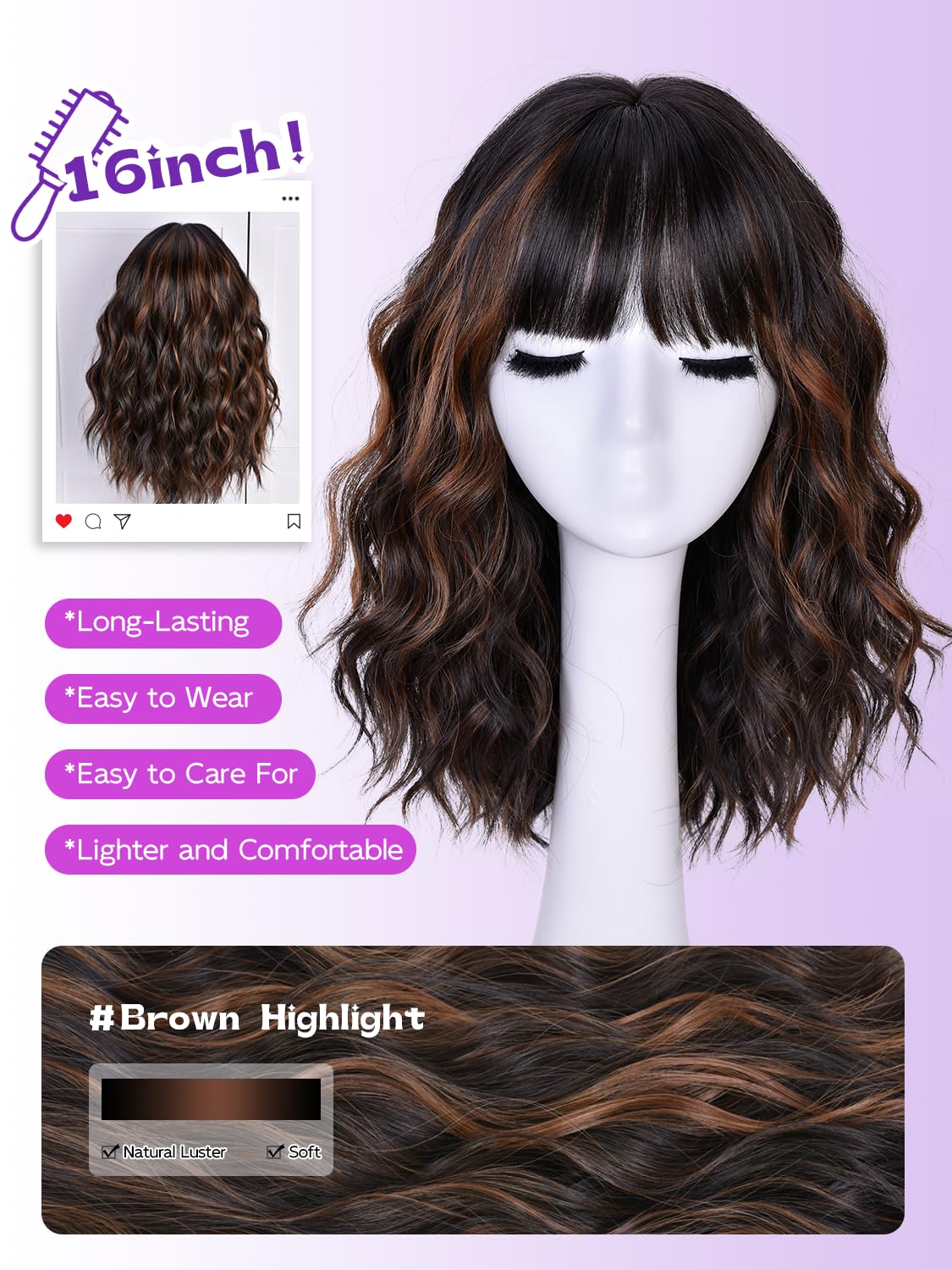 Short Wavy Wig with Bangs for Women Curly Wigs Natural Wavy Synthetic Wigs for Daily Party Cosplay 14inch(Brown Highlight) - Image 3