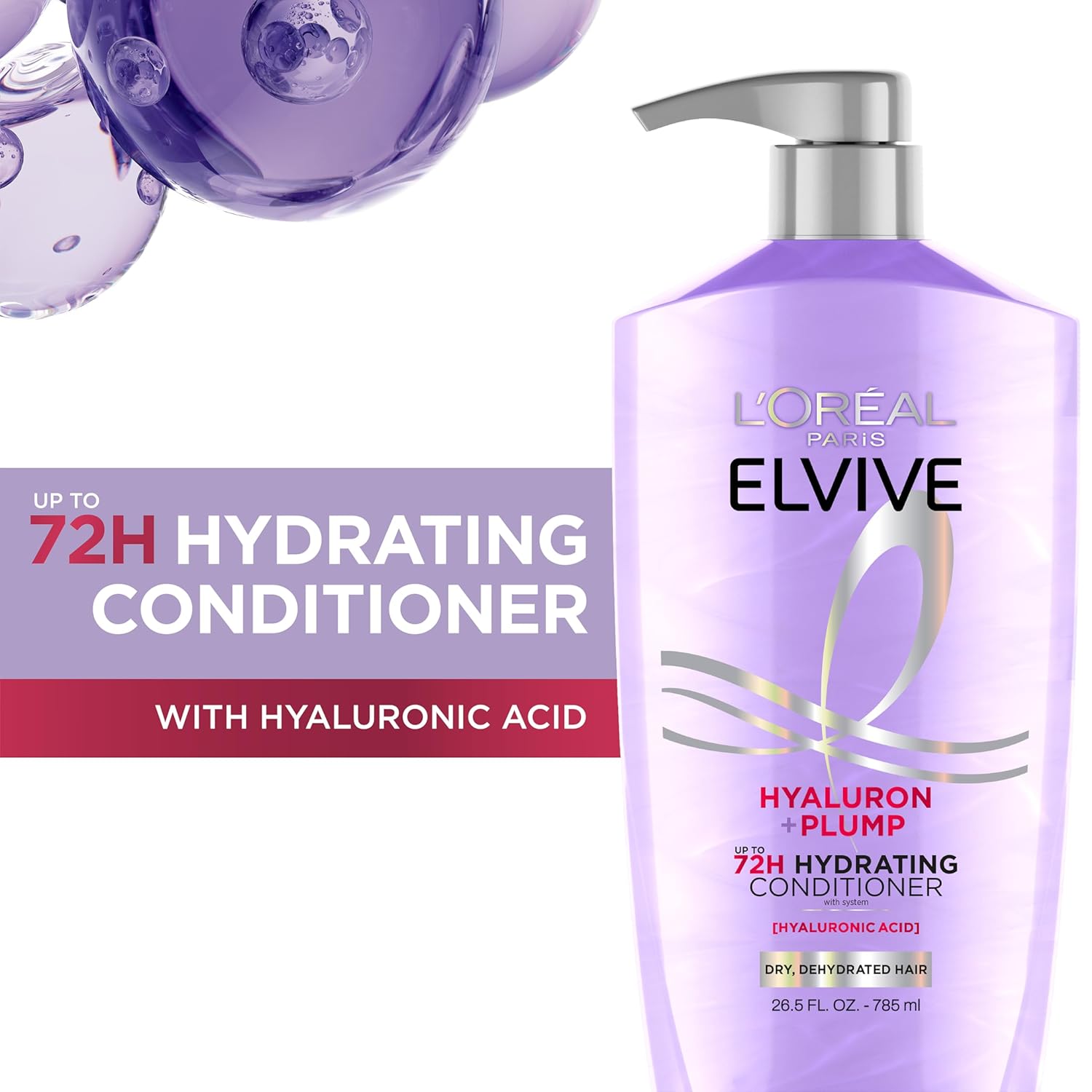 L'Oreal Paris Elvive Hyaluron Plump Hydrating Conditioner for Dehydrated, Dry Hair Infused with Hyaluronic Acid Care Complex, Paraben-Free, 26.5 Fl Oz - Image 2
