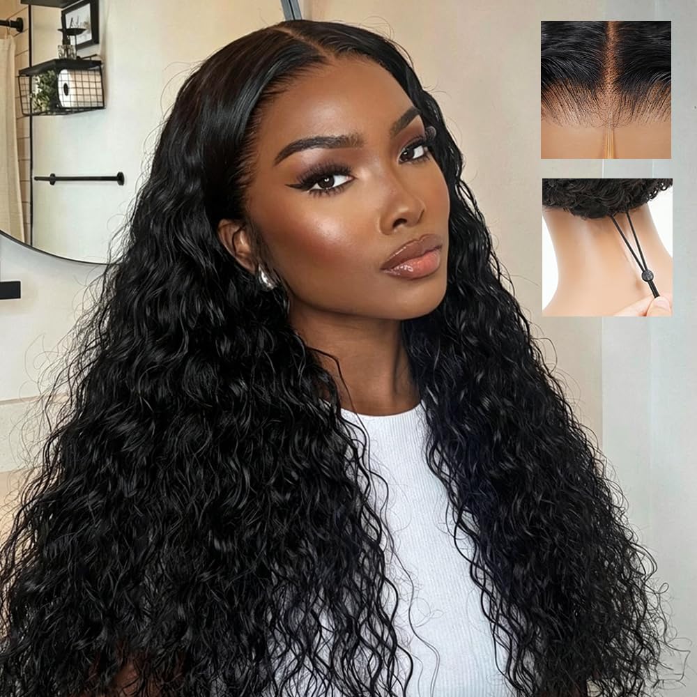 Mamushow 7x6 Water Wave Glueless Wigs Human Hair Pre Plucked Pre Cut 250% Density Lace Front Wigs Human Hair with Drawstring Wear and Go 7x6 HD Lace Closure Wig for Black Women Natural Black 20Inch