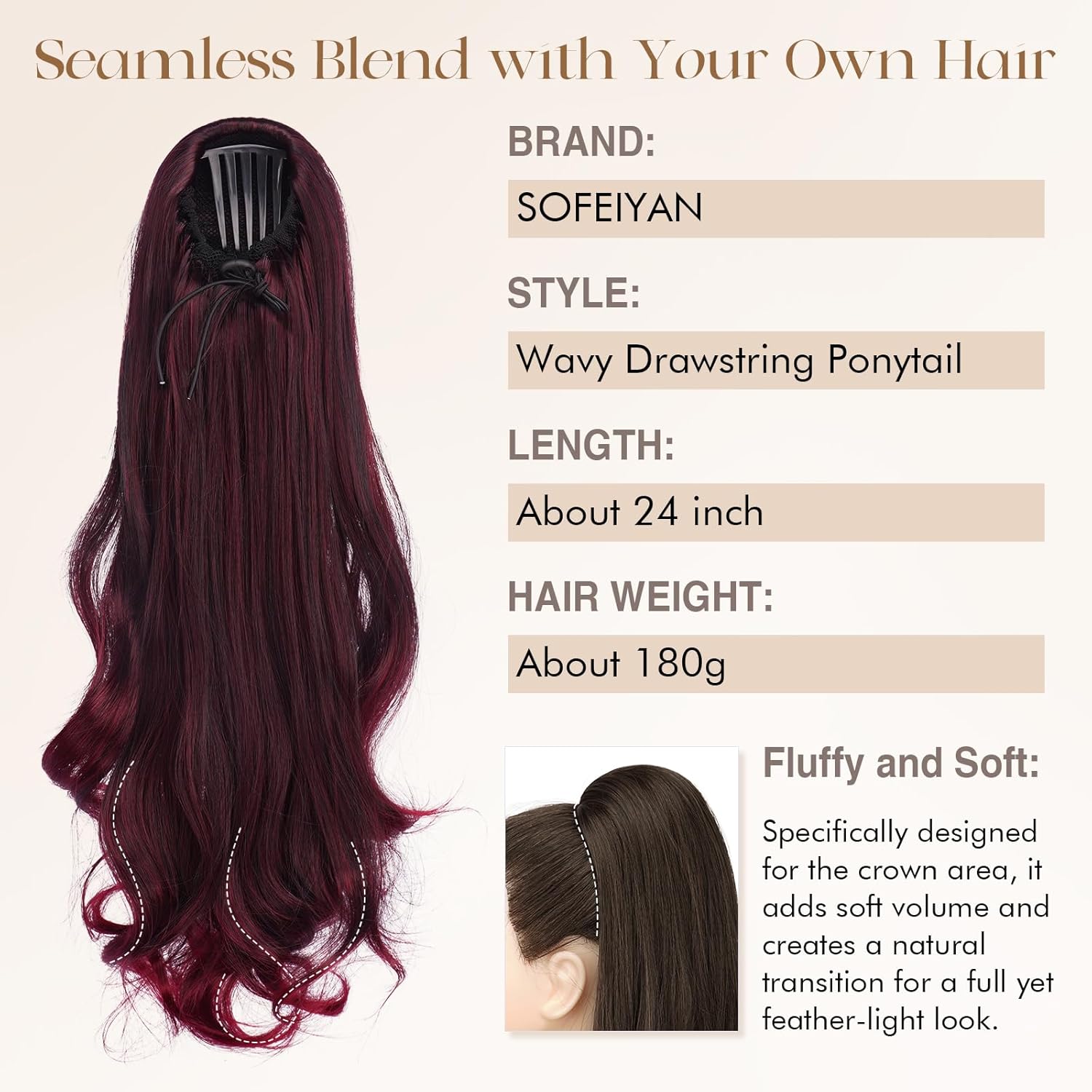 SOFEIYAN Drawstring Ponytail Extension for Women 24 Inch Comb Clip in Wavy Clip on Hairpiece Layered Fluffy Thick Pony Tails Hair Extension Synthetic Hairpieces for Daily Use - Ombre Wine Red - Image 3
