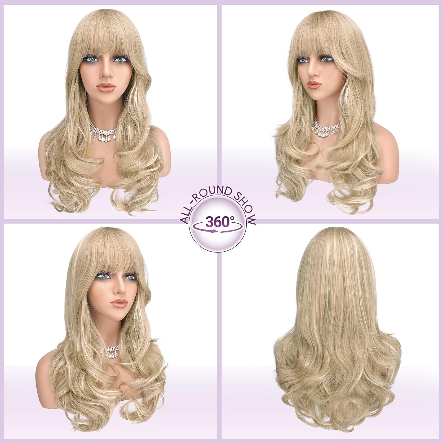 Haloo Blonde Wigs with Bangs Long Wavy Layered Haircut Natural Looking Fluffy Synthetic Heat Resistant Hair Wig for Women Daily Party, 24 Inch Dirty Blonde - Image 2