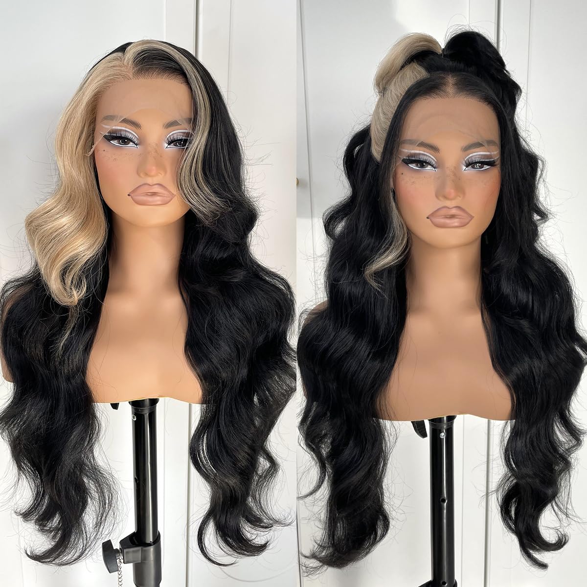 13x6 Skunk Stripe Wig Glueless Lace Front Wigs Pre Plucked Synthetic Body Wave blonde wig Wear and Go lace front wig for black women - Image 3