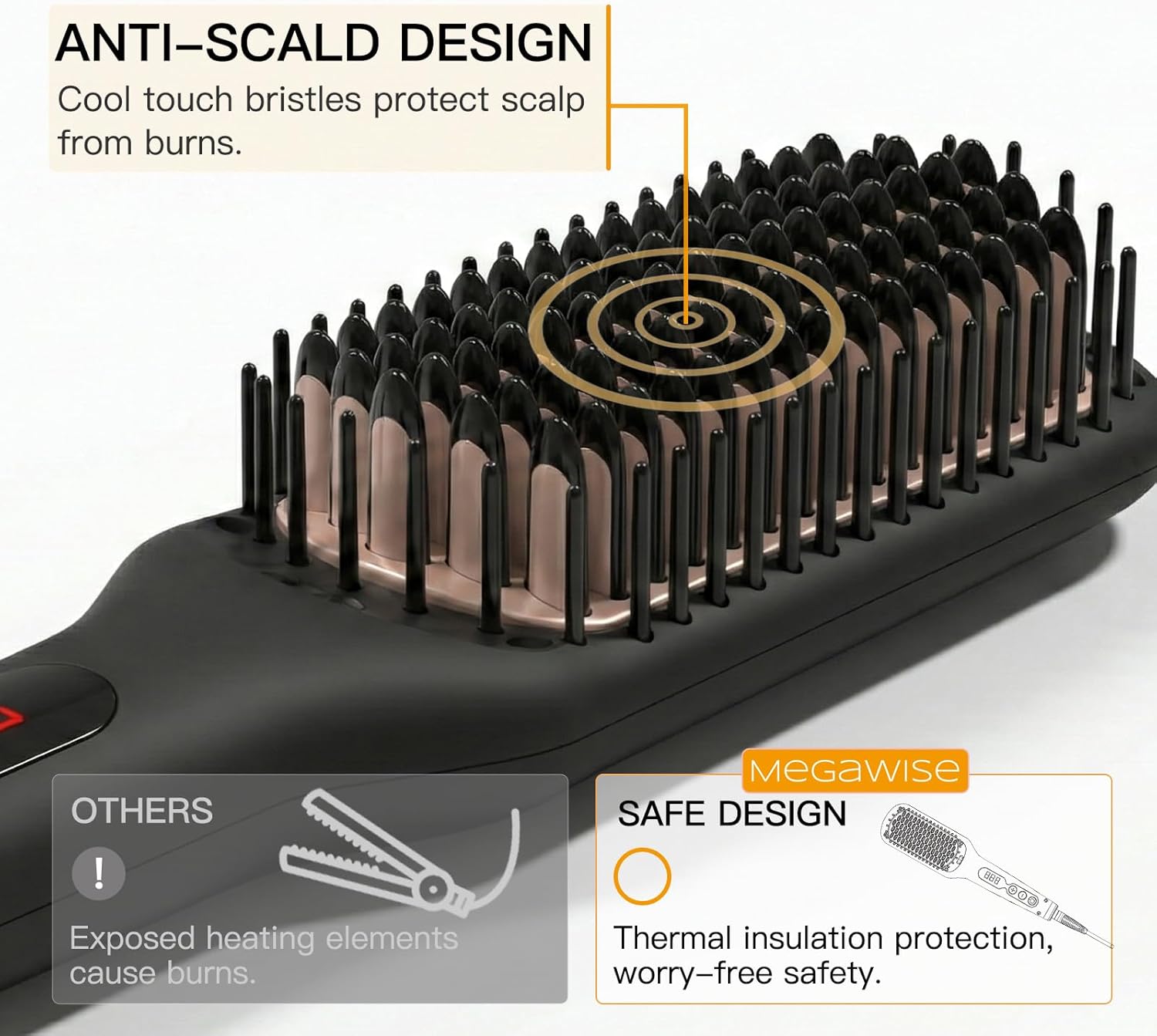 MEGAWISE Pro Ceramic Ionic Hair Straightener Brush for Home Salon, Straightening Hair Brush with 20s Heating Tech, Auto-Off, Anti-Scald with Universal Dual Voltage,Rotatable Power Cord, Black - Image 7