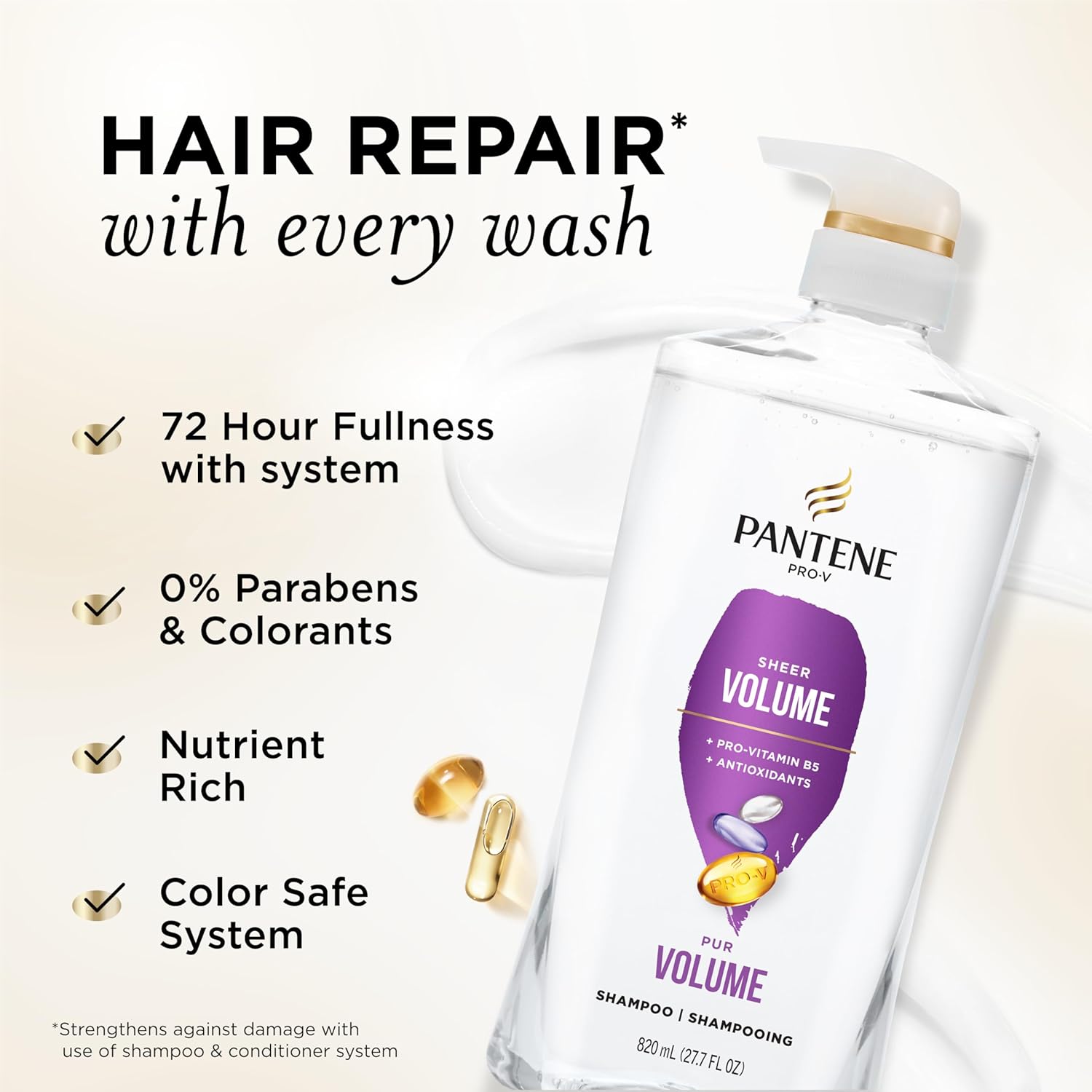 Pantene Shampoo, Sheer Volume - 72-Hour Fullness, Lightweight Nourishment with Pro-Vitamin B5 + Antioxidants, Fine, Thin, Color-Treated Hair, Paraben Free, Remove Build Up for Body & Shine, 27.7 Fl Oz - Image 2