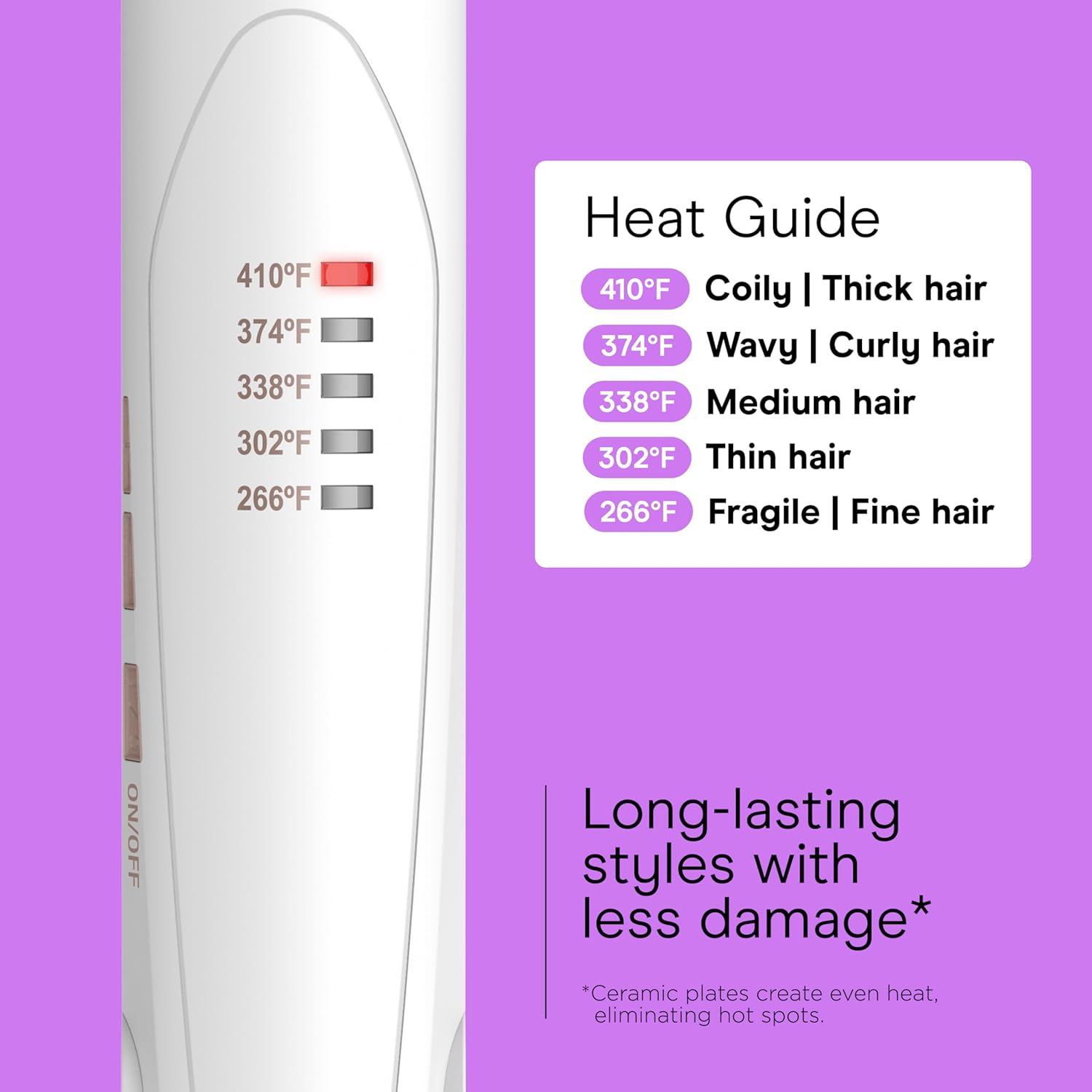 Conair Double Ceramic Flat Iron, 1-Inch Flat Iron Hair Straightener with Claw Clip, 5 Heat Settings, Extra-Long Floating Plates, White - Image 4