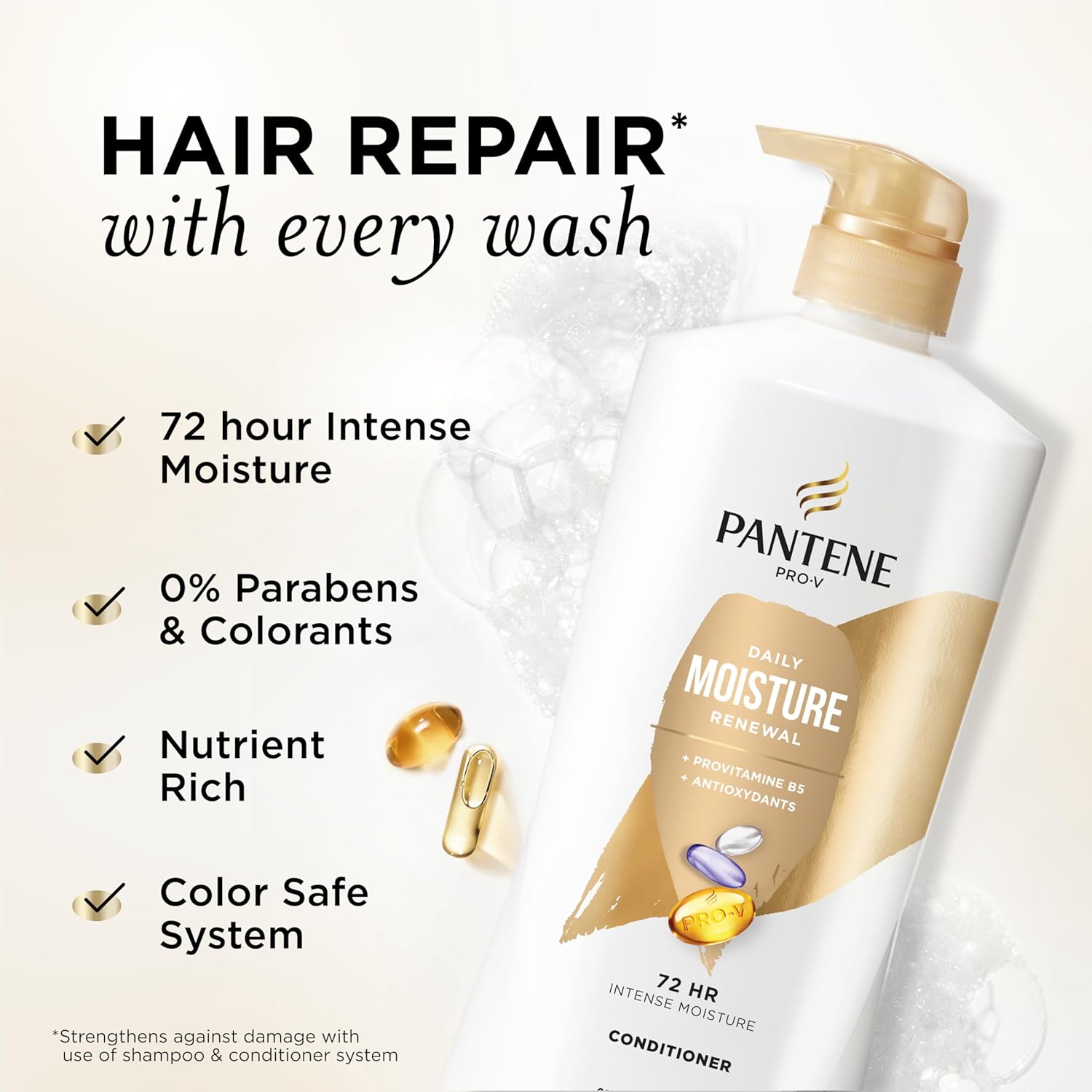 Pantene Conditioner, Daily Moisture Renewal - Pro-V Nutrients for Dry, Color-Treated, Straight to Curly Hair, 72 Hour Hydration & Softness, Paraben Free, Cleanses, Strengthens Bonds, 25.1 Fl Oz - Image 2