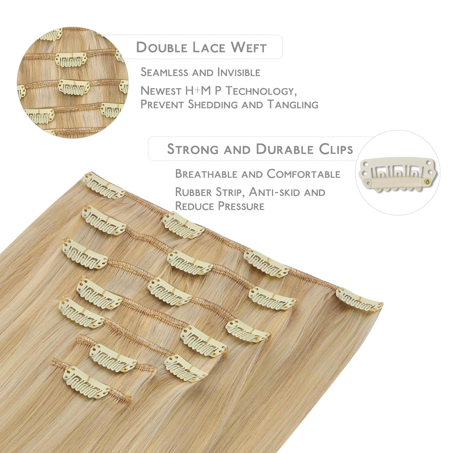 WENNALIFE Clip in Human Hair Extensions, 16 Inch 120g 7pcs Light Blonde Highlighted Golden Blonde Hair Extensions Clip In Human Hair Remy Real Human Hair Double Weft - Image 3